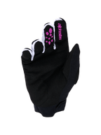 Guanti Alpinestars Full Bore V2, guanti da motocross, viola e nero, vista del palmo con pelle scamosciata sintetica nera, grip in silicone viola sulle dita, logo Alpinestars sull'indice, mesh ventilata bianca tra le dita e polsino in neoprene nero