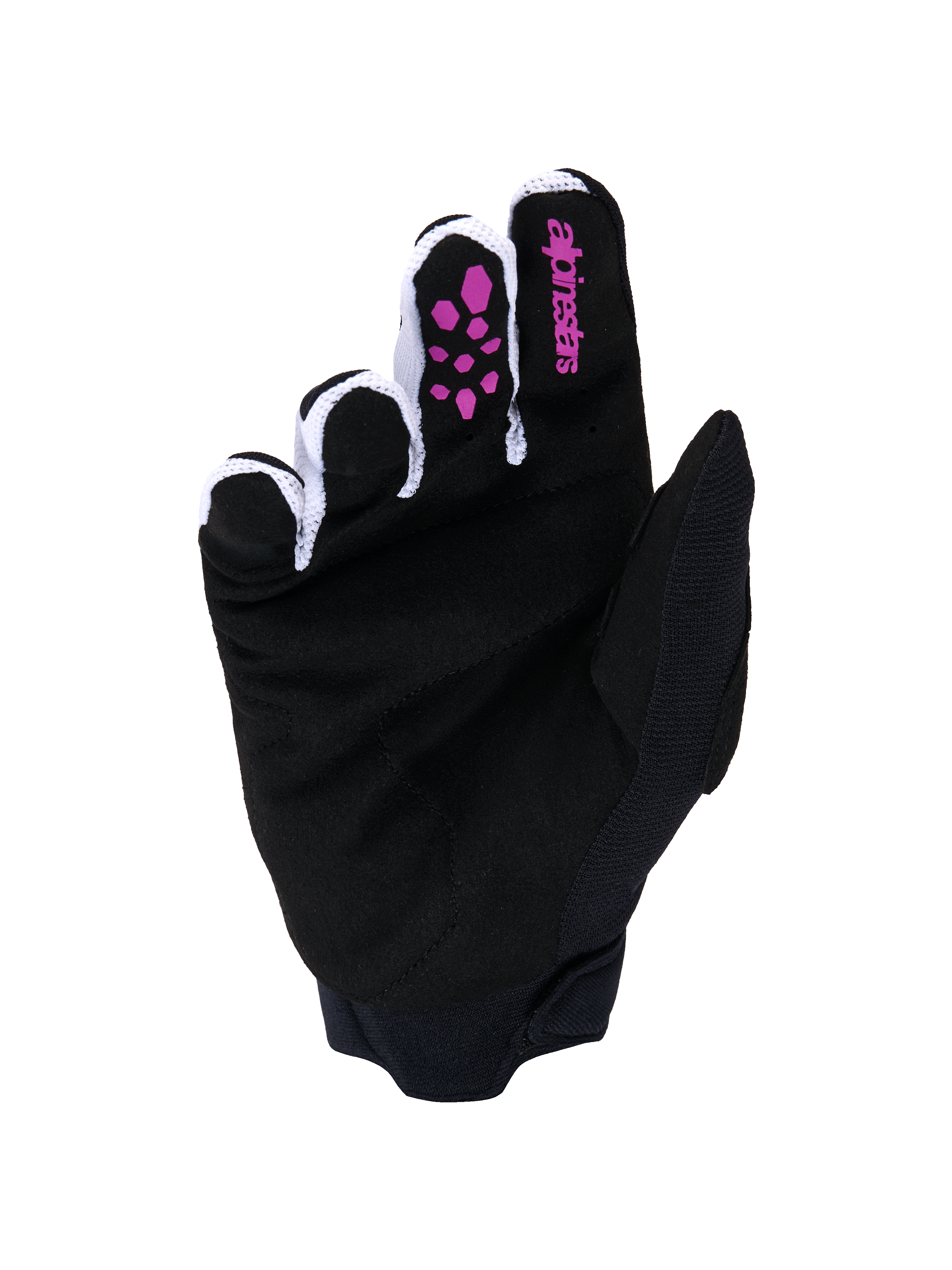 Guanti Alpinestars Full Bore V2, guanti da motocross, viola e nero, vista del palmo con pelle scamosciata sintetica nera, grip in silicone viola sulle dita, logo Alpinestars sull'indice, mesh ventilata bianca tra le dita e polsino in neoprene nero