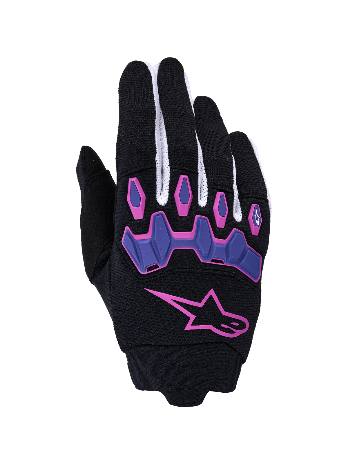 Alpinestars Full Bore V2, guanti da motocross, nero e viola con accenti rosa, caratterizzati da un grande logo a stella rosa e protezioni nocche articolate viola, pannelli in mesh bianco sulle dita, attrezzatura tecnica per fuoristrada