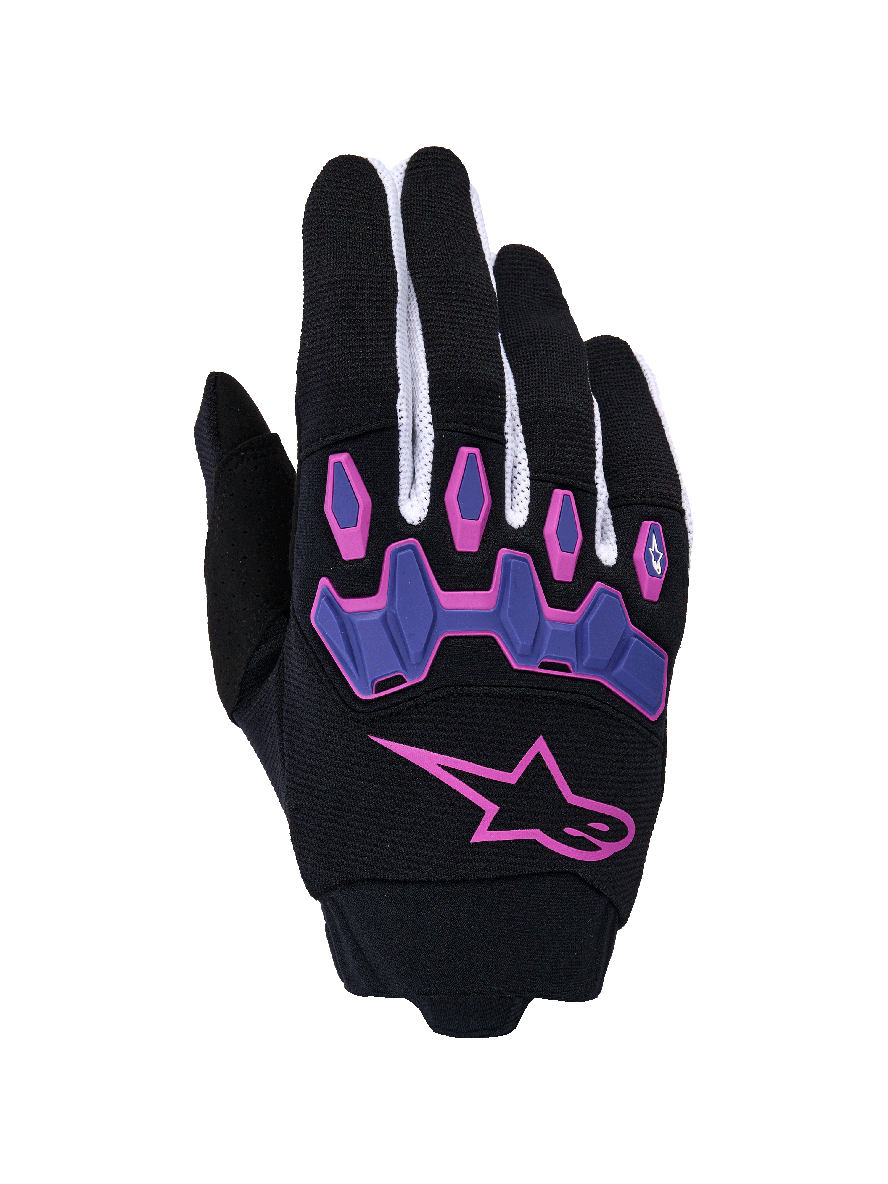 Alpinestars Full Bore V2, guanti da motocross, nero e viola con accenti rosa, caratterizzati da un grande logo a stella rosa e protezioni nocche articolate viola, pannelli in mesh bianco sulle dita, attrezzatura tecnica per fuoristrada