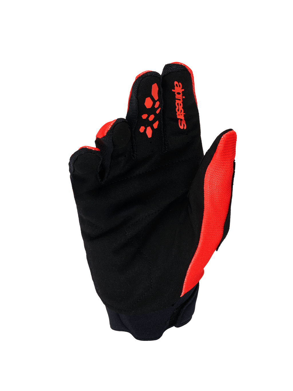 Guanti Alpinestars Full Bore V2, guanti da motocross, arancione e nero, vista lato palmo che mostra il palmo in scamosciata sintetica rinforzata, inserti in silicone arancione sulle dita, logo Alpinestars rosso sull'indice e polsino in neoprene