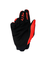 Guanti Alpinestars Full Bore V2, guanti da motocross, arancione e nero, vista lato palmo che mostra il palmo in scamosciata sintetica rinforzata, inserti in silicone arancione sulle dita, logo Alpinestars rosso sull'indice e polsino in neoprene