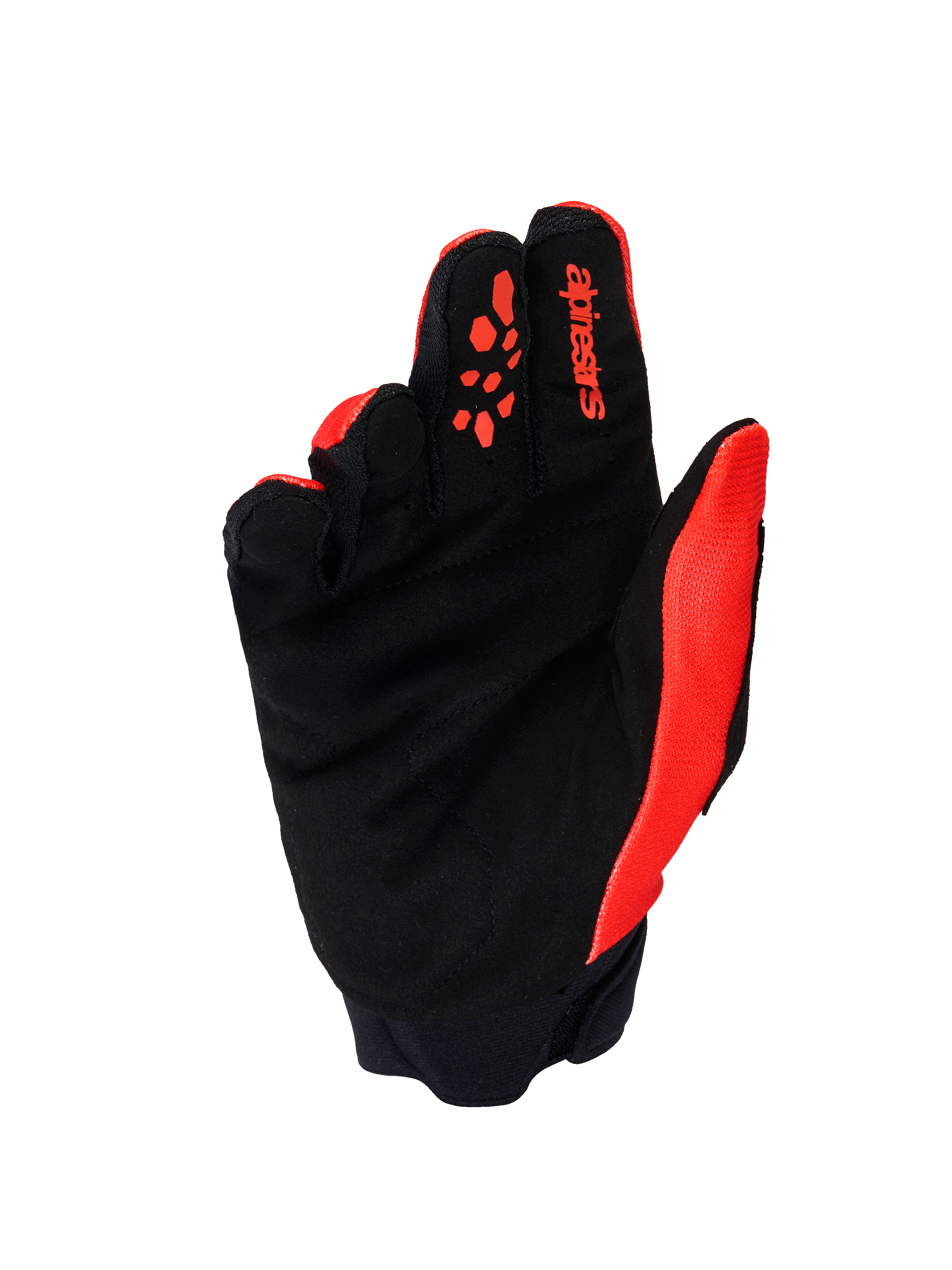 Guanti Alpinestars Full Bore V2, guanti da motocross, arancione e nero, vista lato palmo che mostra il palmo in scamosciata sintetica rinforzata, inserti in silicone arancione sulle dita, logo Alpinestars rosso sull'indice e polsino in neoprene