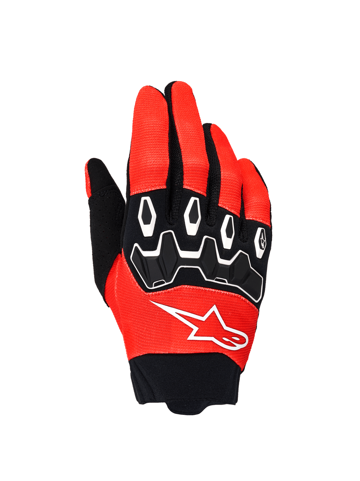 Alpinestars Full Bore V2, guanti da motocross, arancione e nero, vista del dorso con protezione delle nocche in TPR nero e profili bianchi, logo Alpinestars bianco su tessuto elasticizzato traspirante, progettati per prestazioni off-road