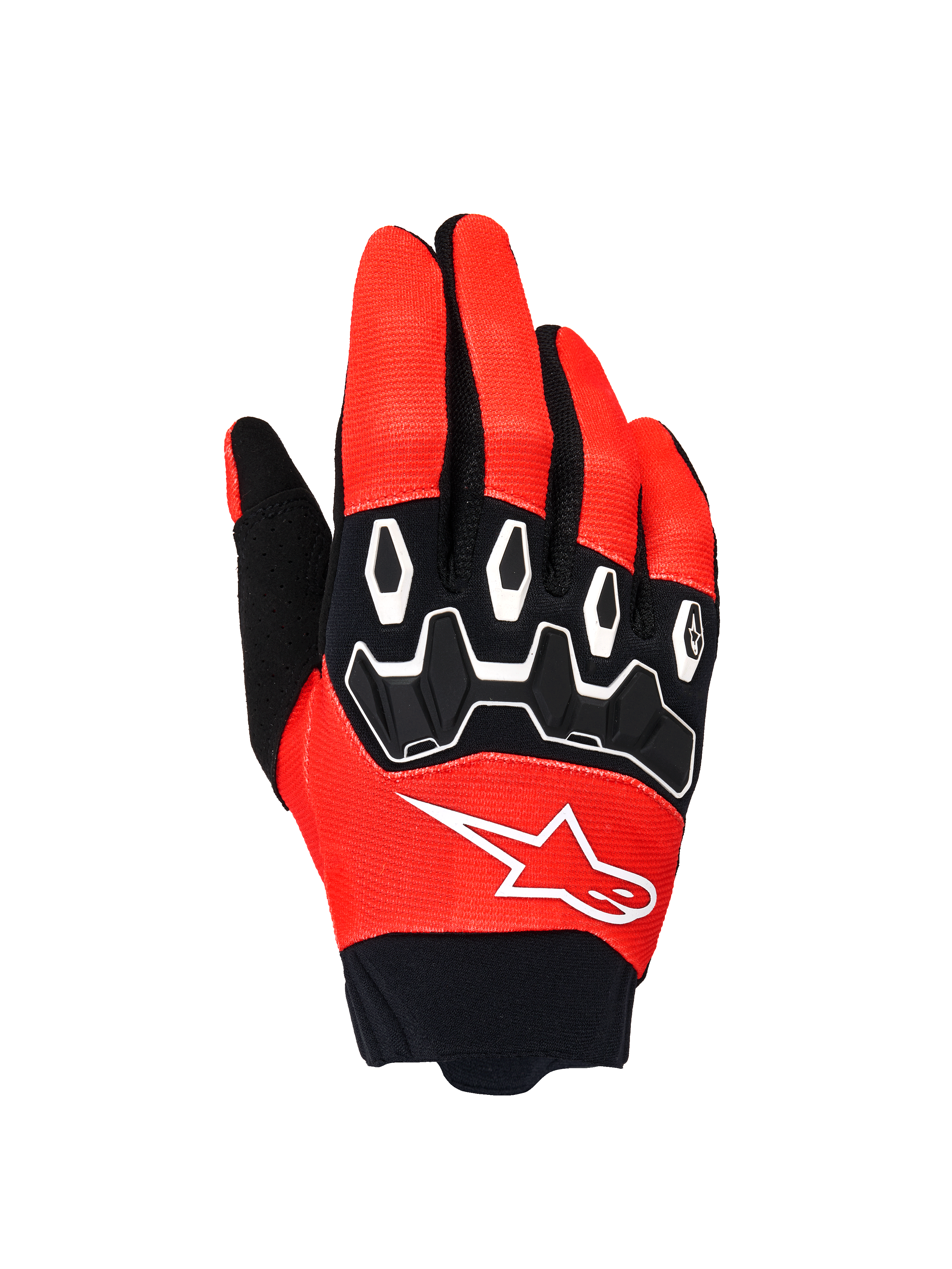 Alpinestars Full Bore V2, guanti da motocross, arancione e nero, vista del dorso con protezione delle nocche in TPR nero e profili bianchi, logo Alpinestars bianco su tessuto elasticizzato traspirante, progettati per prestazioni off-road