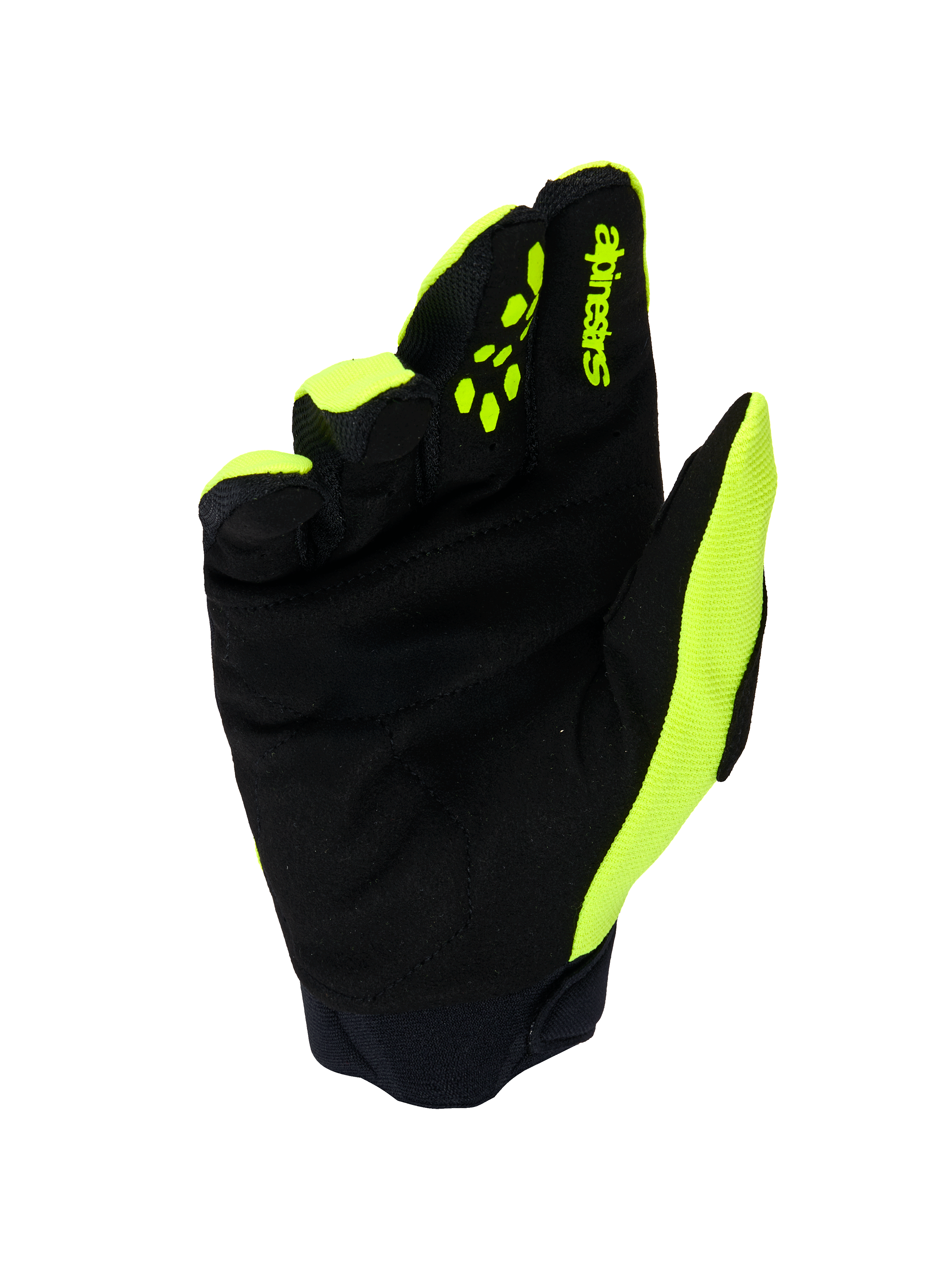 Guanti Alpinestars Full Bore V2, guanti da motocross, giallo fluo e nero, vista del palmo con pelle scamosciata sintetica rinforzata, polsino in neoprene e dettagli giallo brillante sui lati e sulle dita