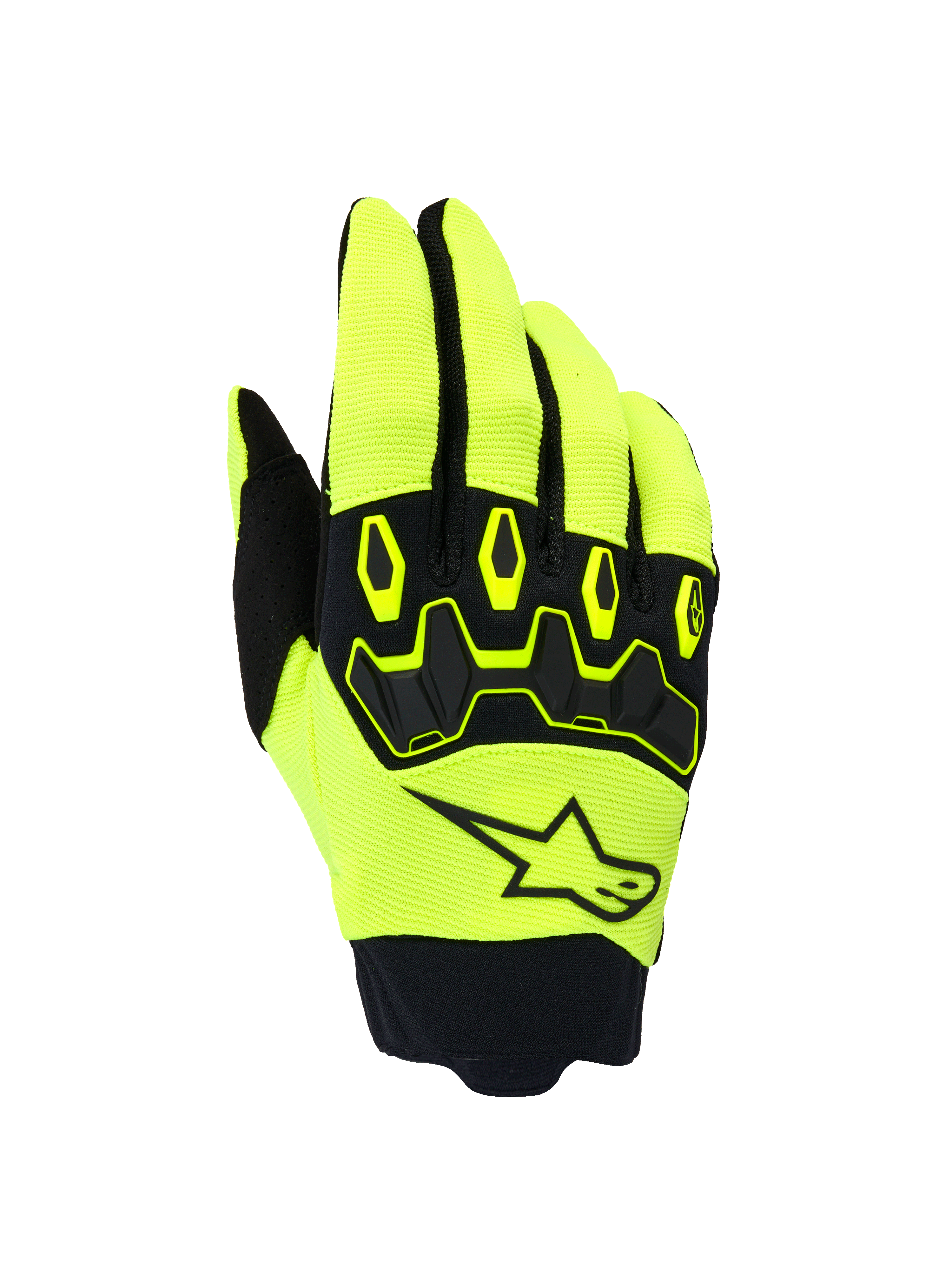 Guanti Alpinestars Full Bore V2, guanti da motocross off-road, giallo fluo e nero, con protezione ergonomica delle nocche in TPR e logo Alpinestars a stella sul dorso, tessuto elasticizzato traspirante con polsino in neoprene