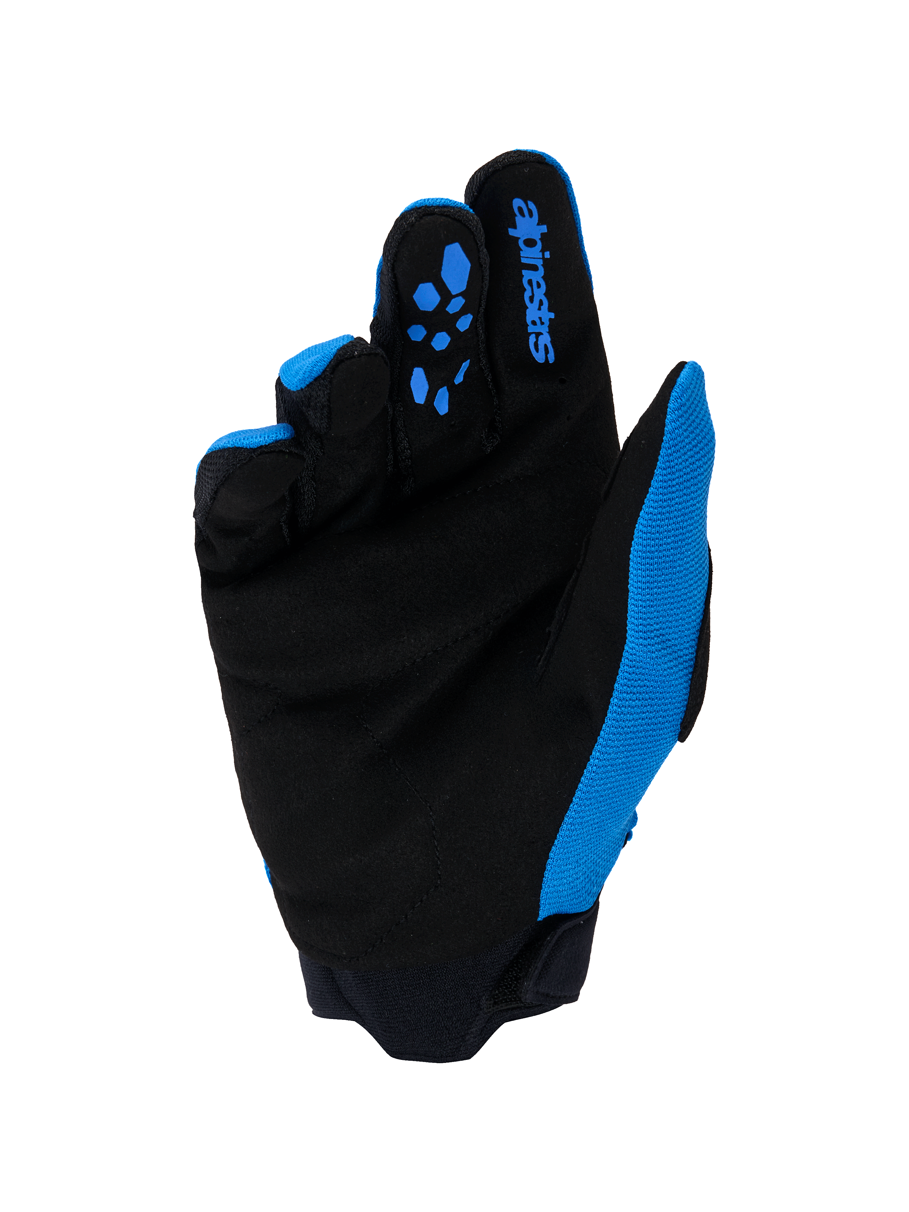 Guanti Alpinestars Full Bore V2, guanti da motocross, blu UCLA e nero, vista del palmo in pelle scamosciata sintetica rinforzata, inserti in silicone blu sulle dita, logo Alpinestars e polsino in neoprene resistente