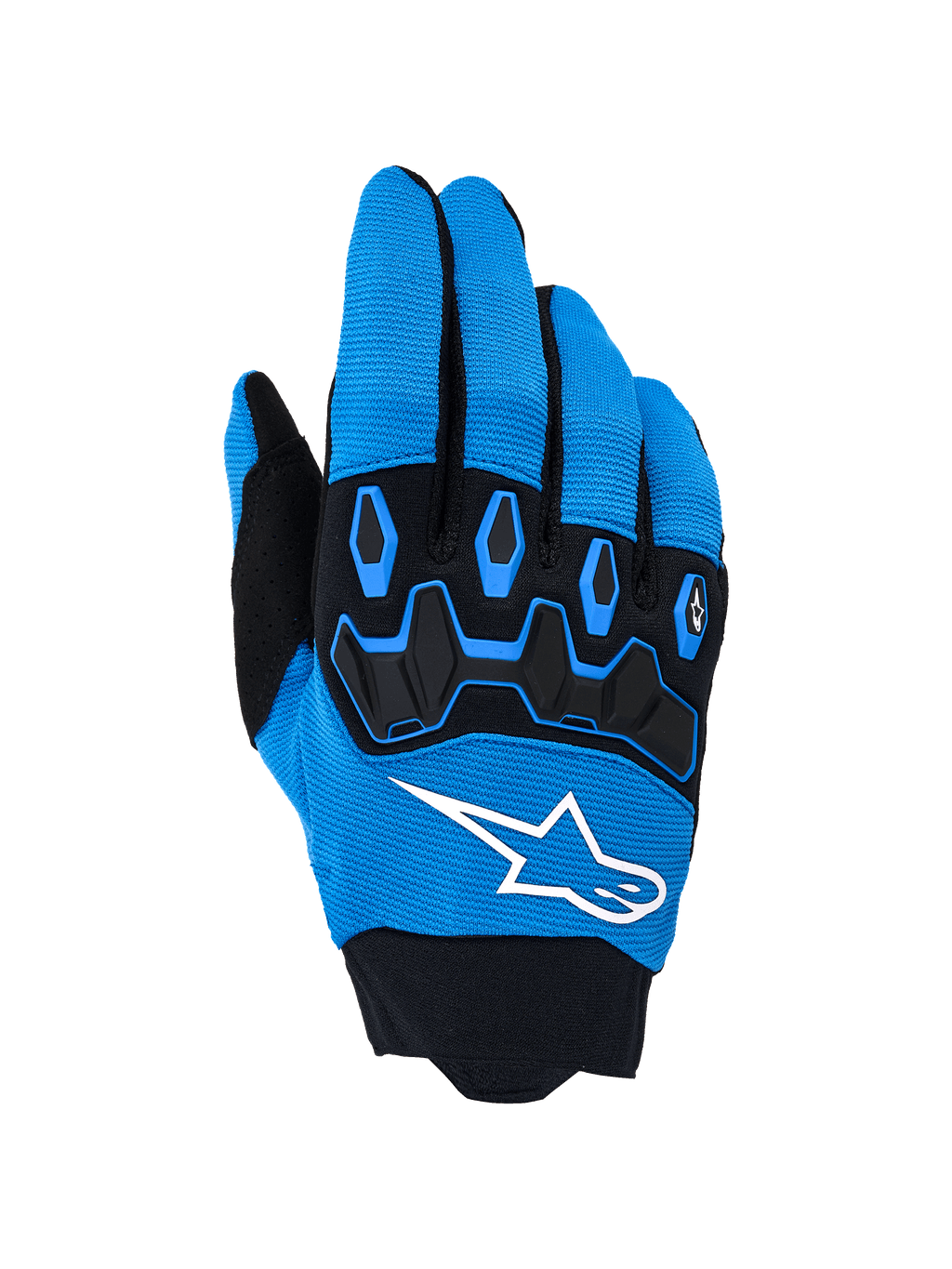 Alpinestars Full Bore V2 Gloves, guanti da motocross, blu e nero, con logo bianco e protezione nocche in TPR nero su dorso in tessuto elastico traspirante, progettati per gare off-road ad alte prestazioni