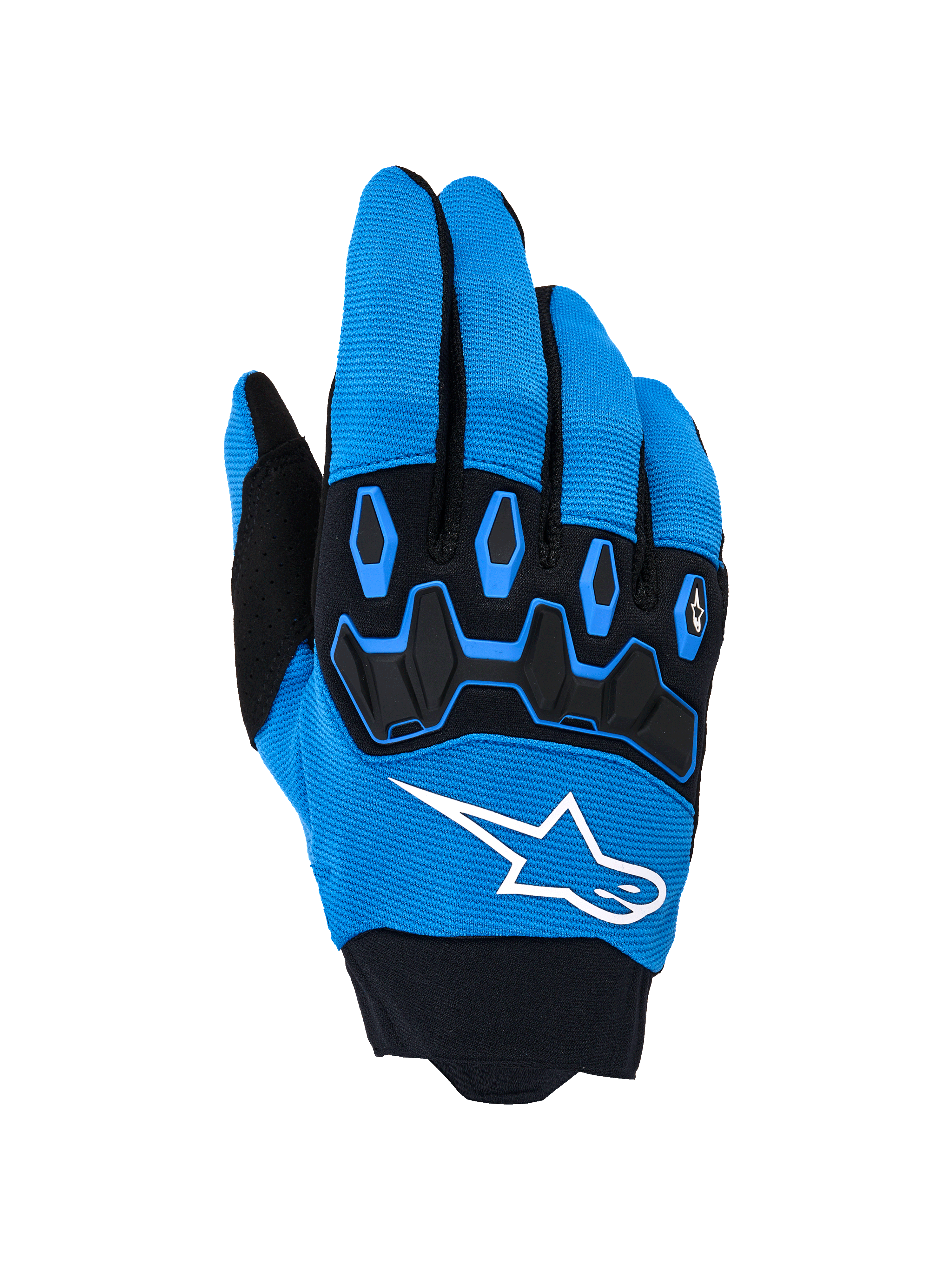 Alpinestars Full Bore V2 Gloves, guanti da motocross, blu e nero, con logo bianco e protezione nocche in TPR nero su dorso in tessuto elastico traspirante, progettati per gare off-road ad alte prestazioni