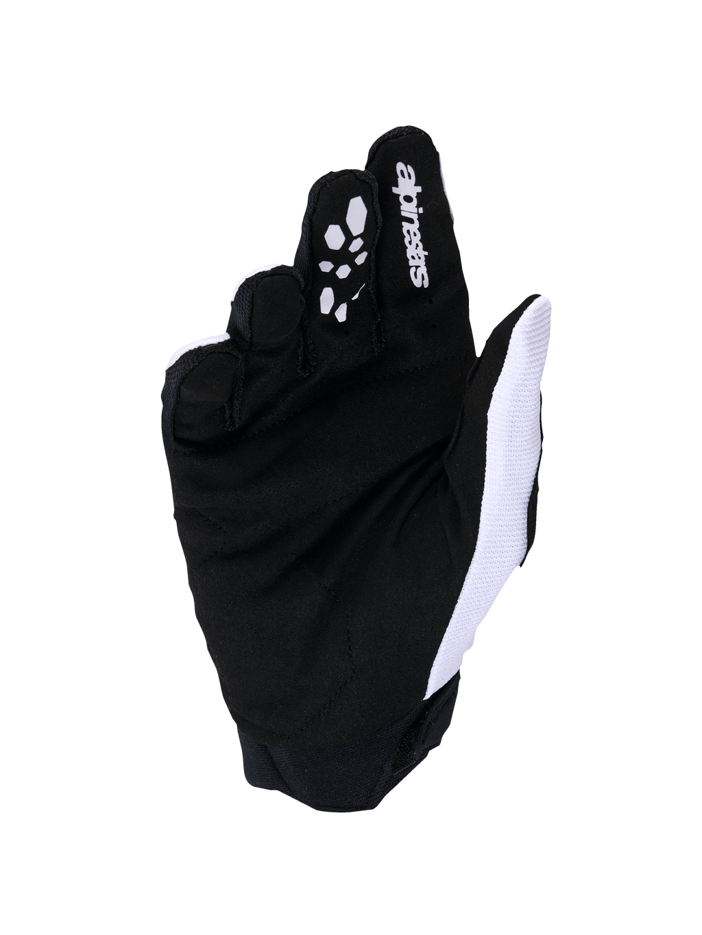Alpinestars Full Bore V2 Gloves, guanti da motocross, grigio chiaro e nero, vista del palmo con pelle scamosciata sintetica rinforzata e grip in silicone sulle dita, mesh bianca traspirante sul lato del pollice e logo Alpinestars sull'indice.