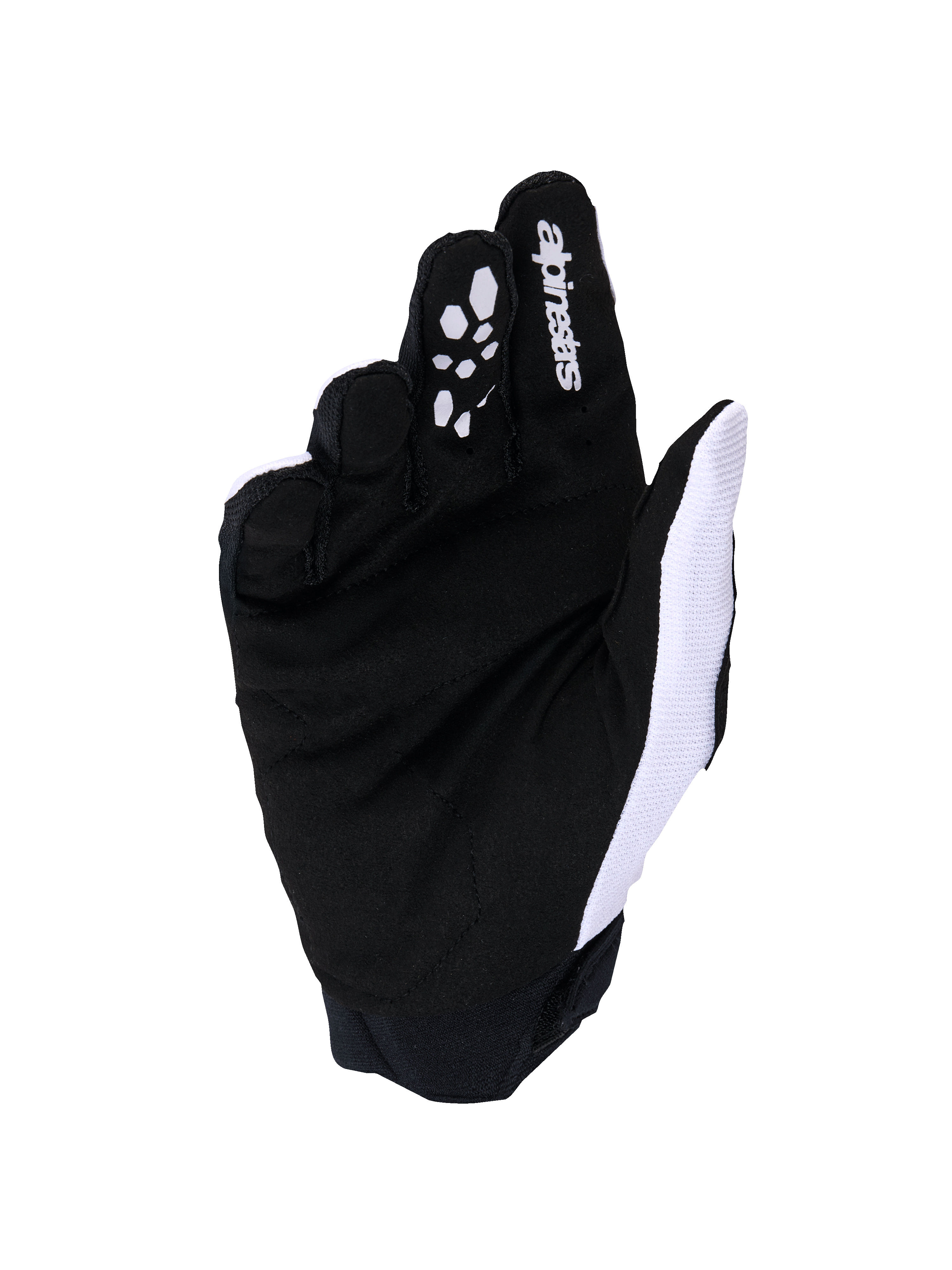 Alpinestars Full Bore V2 Gloves, guanti da motocross, grigio chiaro e nero, vista del palmo con pelle scamosciata sintetica rinforzata e grip in silicone sulle dita, mesh bianca traspirante sul lato del pollice e logo Alpinestars sull'indice.