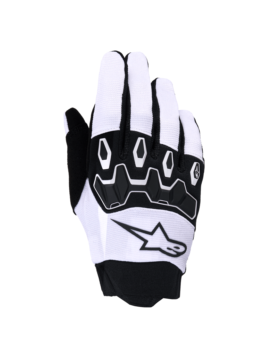 Guanti Alpinestars Full Bore V2, guanti da motocross, grigio chiaro e nero, caratterizzati da protezione nocche in TPR segmentato nero, tomaia in tessuto traspirante con logo a stella e polsino in neoprene, progettati per prestazioni off-road