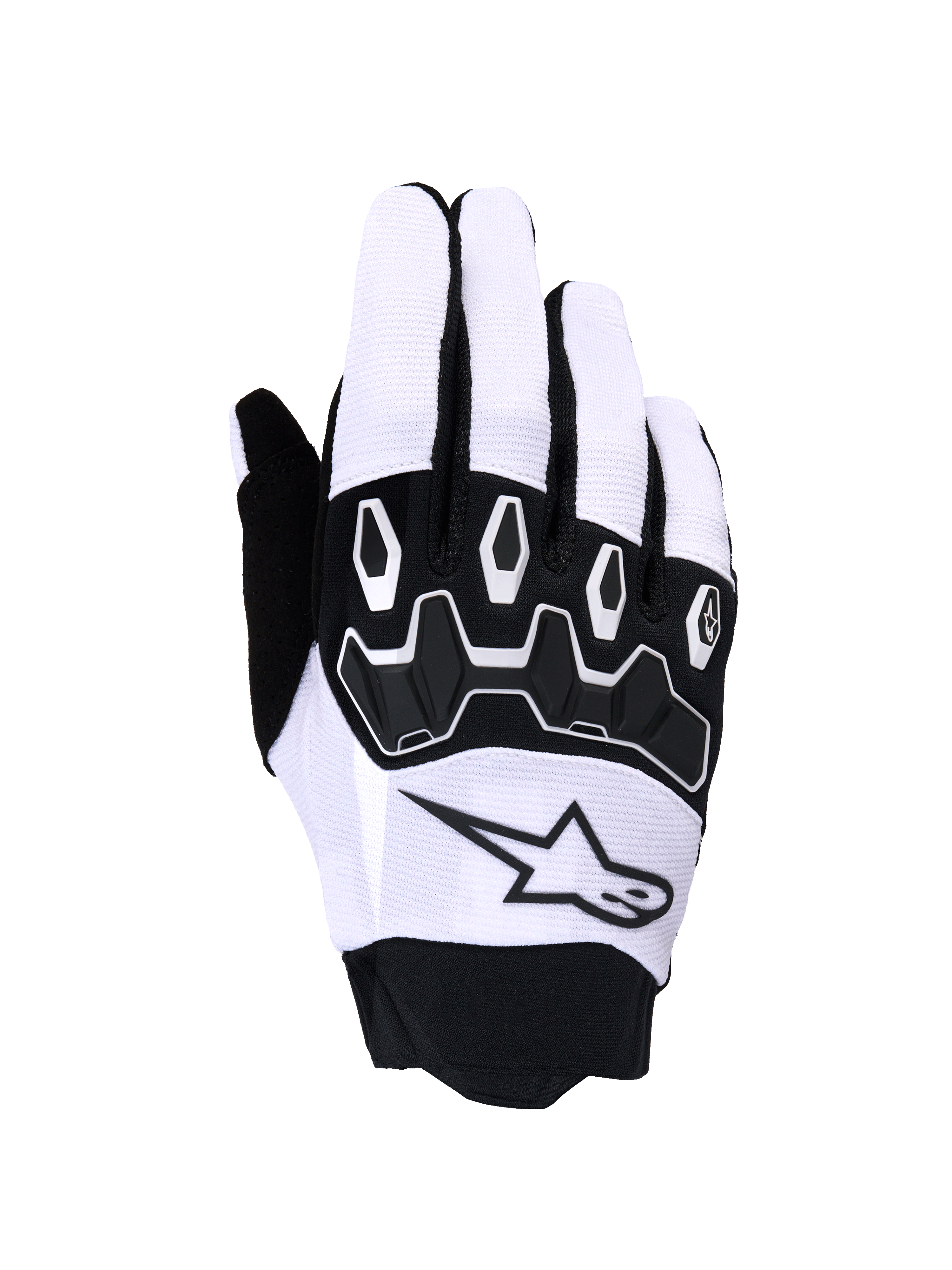 Guanti Alpinestars Full Bore V2, guanti da motocross, grigio chiaro e nero, caratterizzati da protezione nocche in TPR segmentato nero, tomaia in tessuto traspirante con logo a stella e polsino in neoprene, progettati per prestazioni off-road