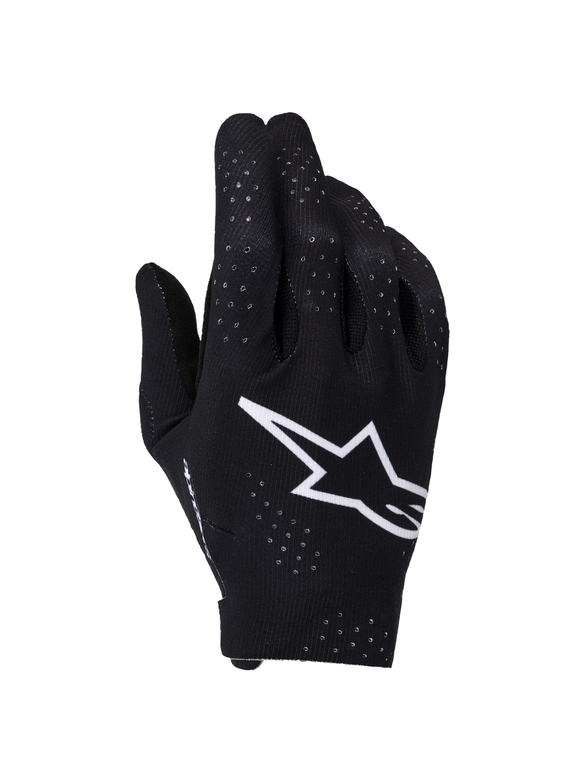 Guanti Alpinestars Supertech MX, guanti da motocross, nero e bianco, vista del dorso con un grande logo Astars bianco, perforazioni laser per la ventilazione e design ergonomico senza cuciture per gare fuoristrada
