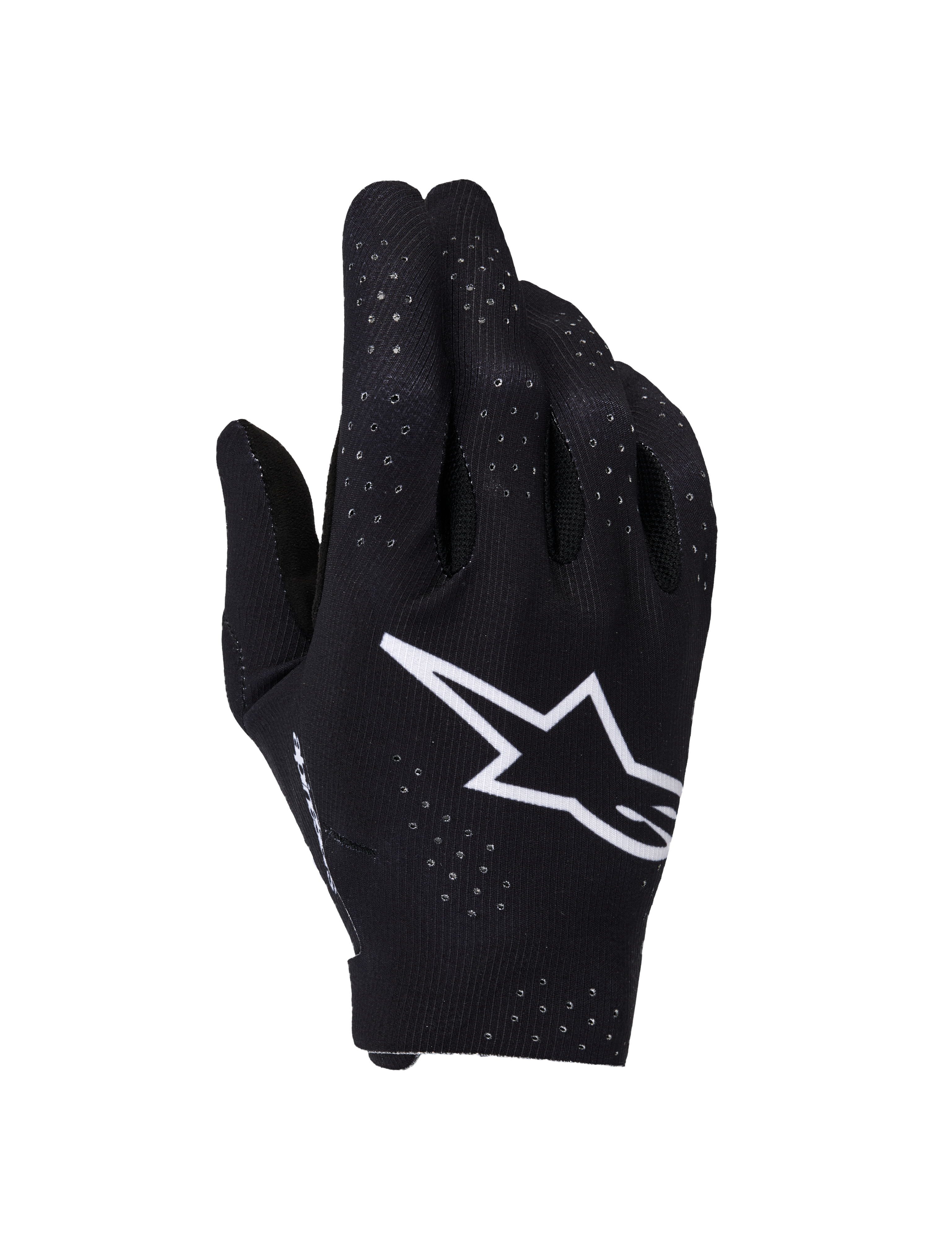 Guanti Alpinestars Supertech MX, guanti da motocross, nero e bianco, vista del dorso con un grande logo Astars bianco, perforazioni laser per la ventilazione e design ergonomico senza cuciture per gare fuoristrada