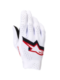 Guanti Alpinestars Supertech MX, guanti da motocross, bianco con dettagli nero e rosso fuoco, vista del dorso con logo Astar in evidenza, ampie perforazioni laser per la ventilazione, costruzione elastica leggera senza cuciture per gare professionistiche