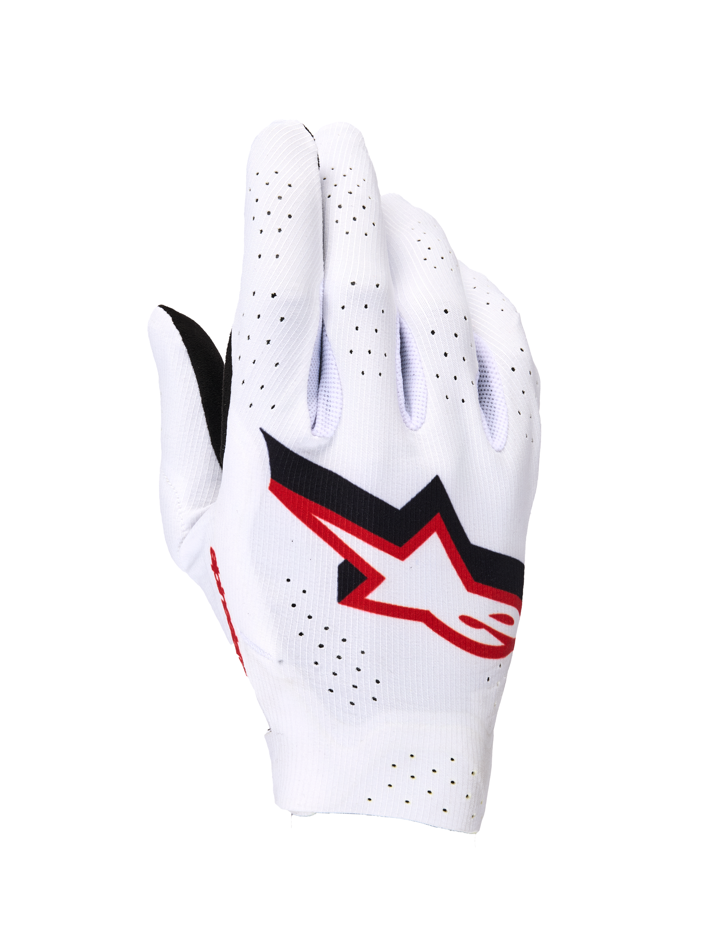 Guanti Alpinestars Supertech MX, guanti da motocross, bianco con dettagli nero e rosso fuoco, vista del dorso con logo Astar in evidenza, ampie perforazioni laser per la ventilazione, costruzione elastica leggera senza cuciture per gare professionistiche