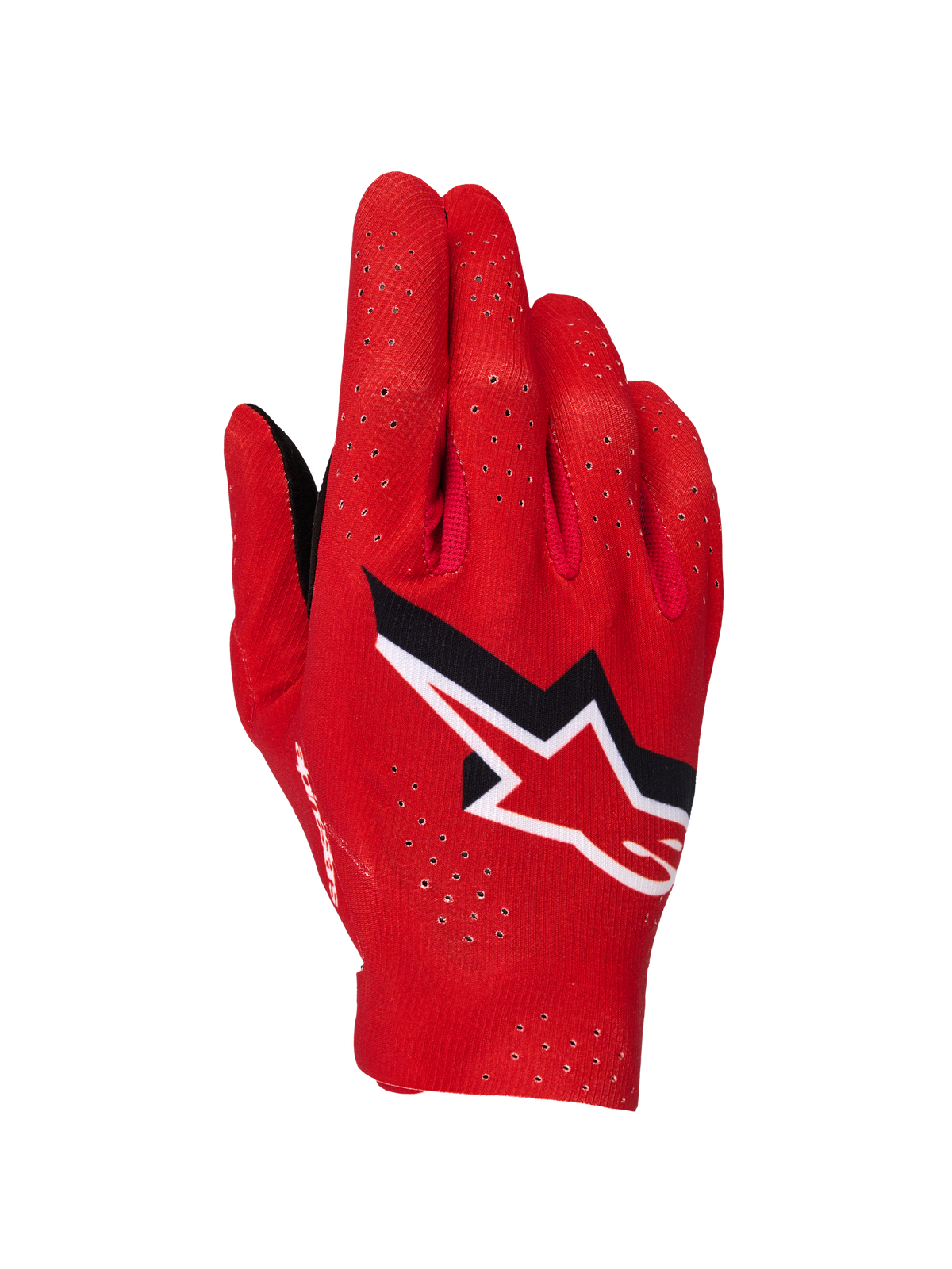 Guanti Alpinestars Supertech MX, guanti da motocross, rosso fuoco, nero e bianco, vista del dorso con perforazioni laser per la ventilazione, logo a stella Alpinestars bianco e nero in evidenza, design in tessuto elasticizzato leggero per gare off-road