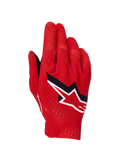Guanti Alpinestars Supertech MX, guanti da motocross, rosso fuoco, nero e bianco, vista del dorso con perforazioni laser per la ventilazione, logo a stella Alpinestars bianco e nero in evidenza, design in tessuto elasticizzato leggero per gare off-road