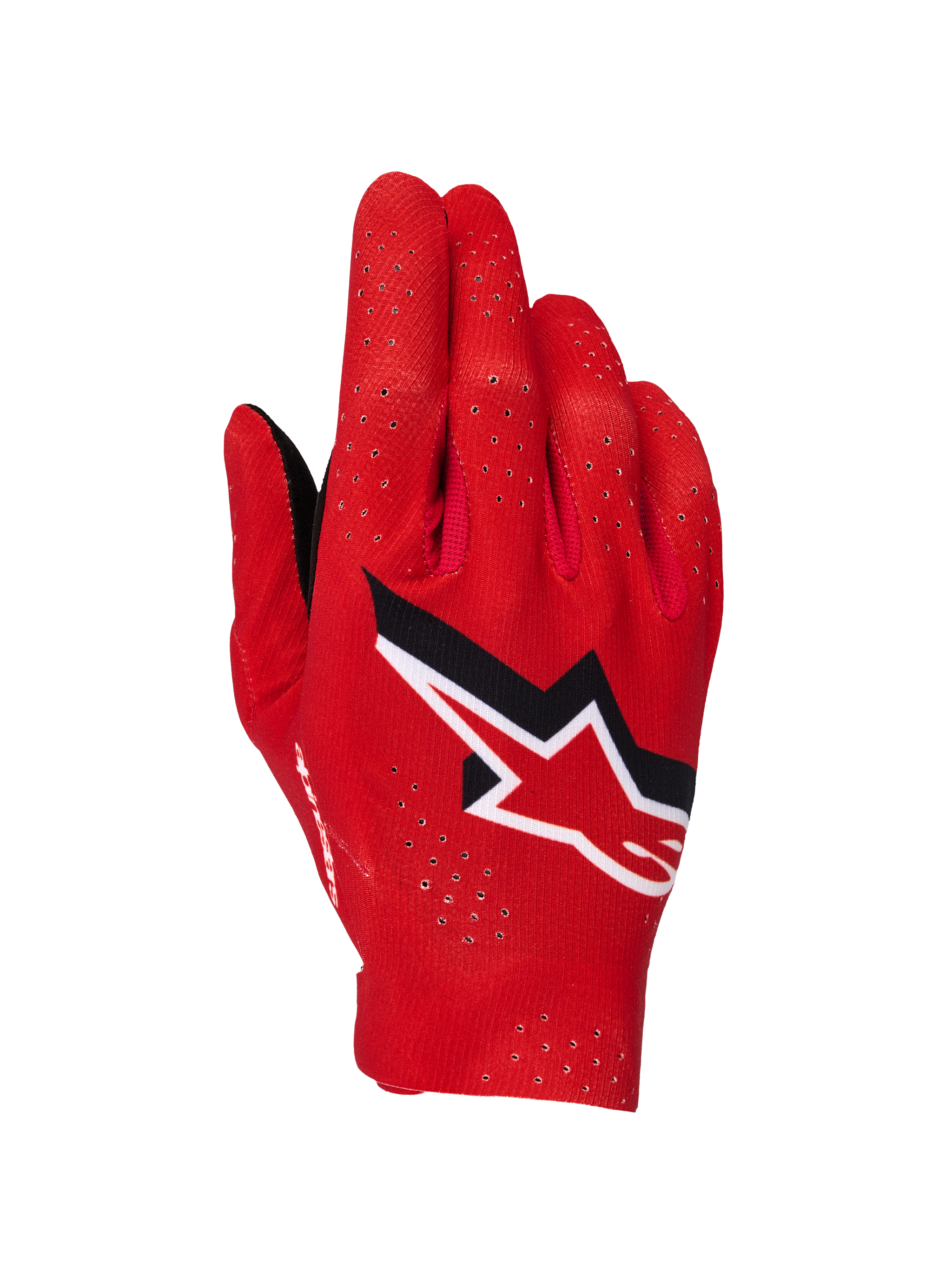 Guanti Alpinestars Supertech MX, guanti da motocross, rosso fuoco, nero e bianco, vista del dorso con perforazioni laser per la ventilazione, logo a stella Alpinestars bianco e nero in evidenza, design in tessuto elasticizzato leggero per gare off-road