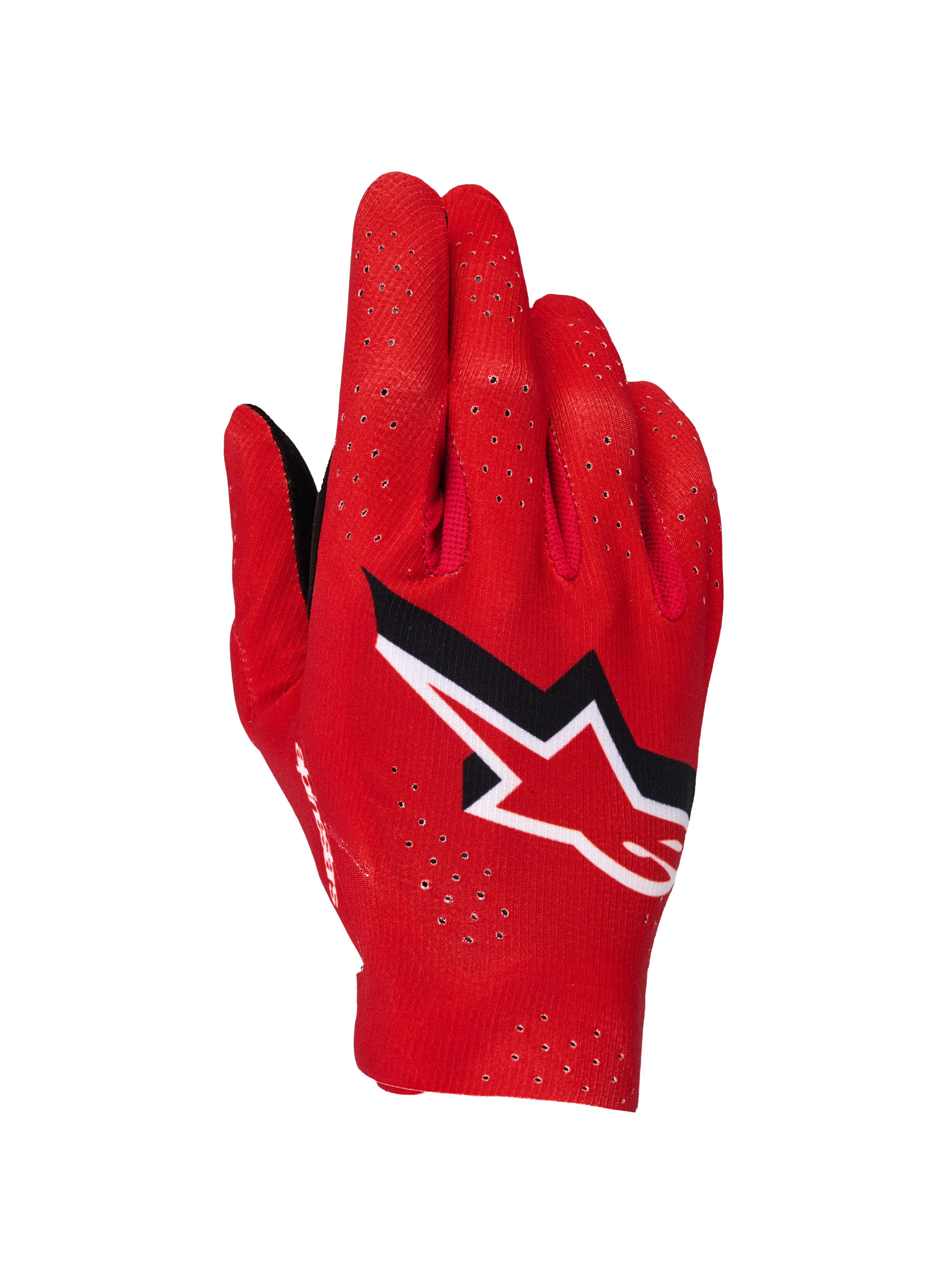 Guanti Alpinestars Supertech MX, guanti da motocross, rosso fuoco, nero e bianco, vista del dorso con perforazioni laser per la ventilazione, logo a stella Alpinestars bianco e nero in evidenza, design in tessuto elasticizzato leggero per gare off-road
