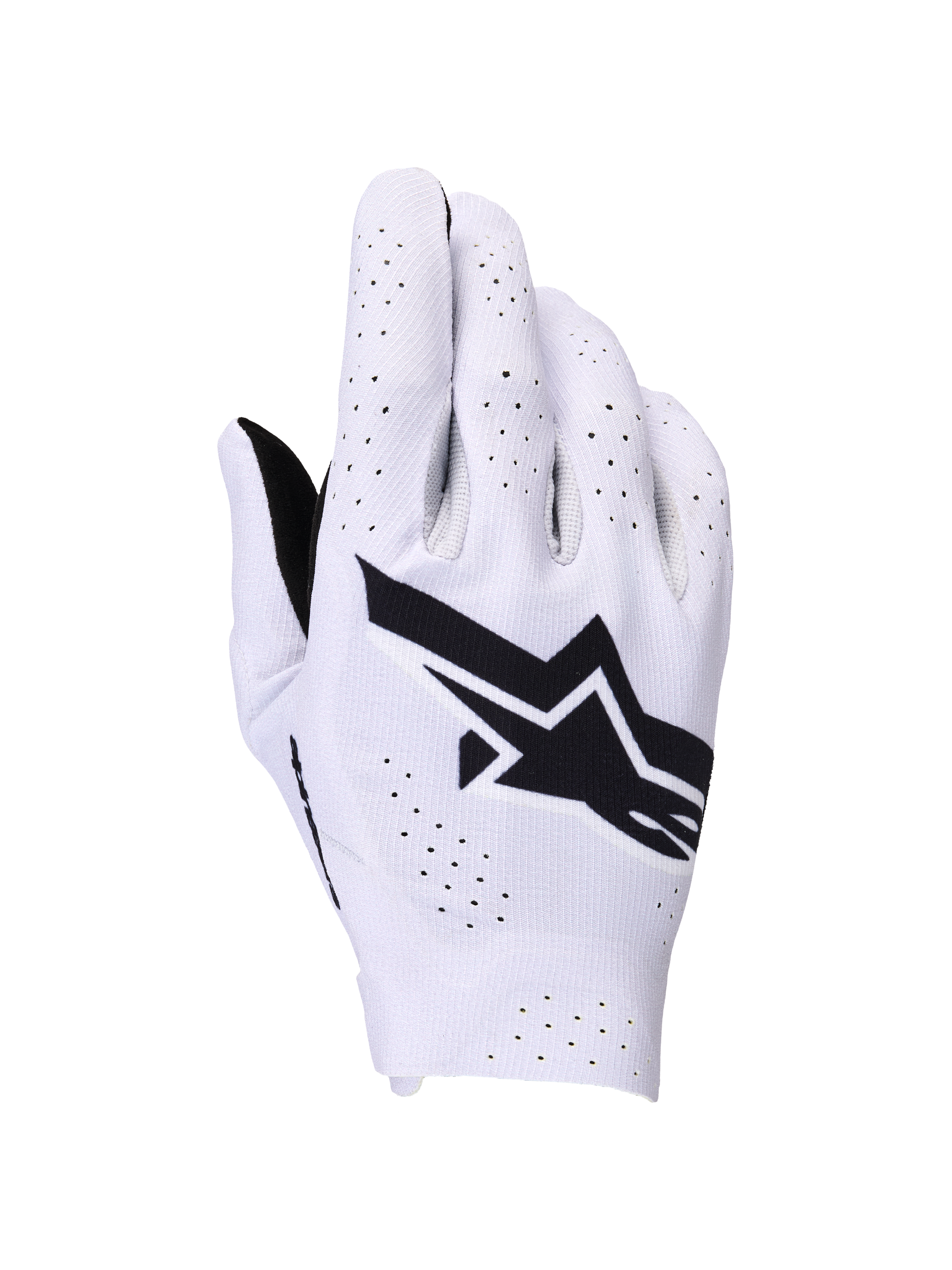 Guanti Alpinestars Supertech MX, guanti da motocross, lilla chiaro e nero, vista del dorso con grande logo Alpinestars nero e perforazioni laser per il flusso d'aria, costruzione monostrato leggera per gare fuoristrada