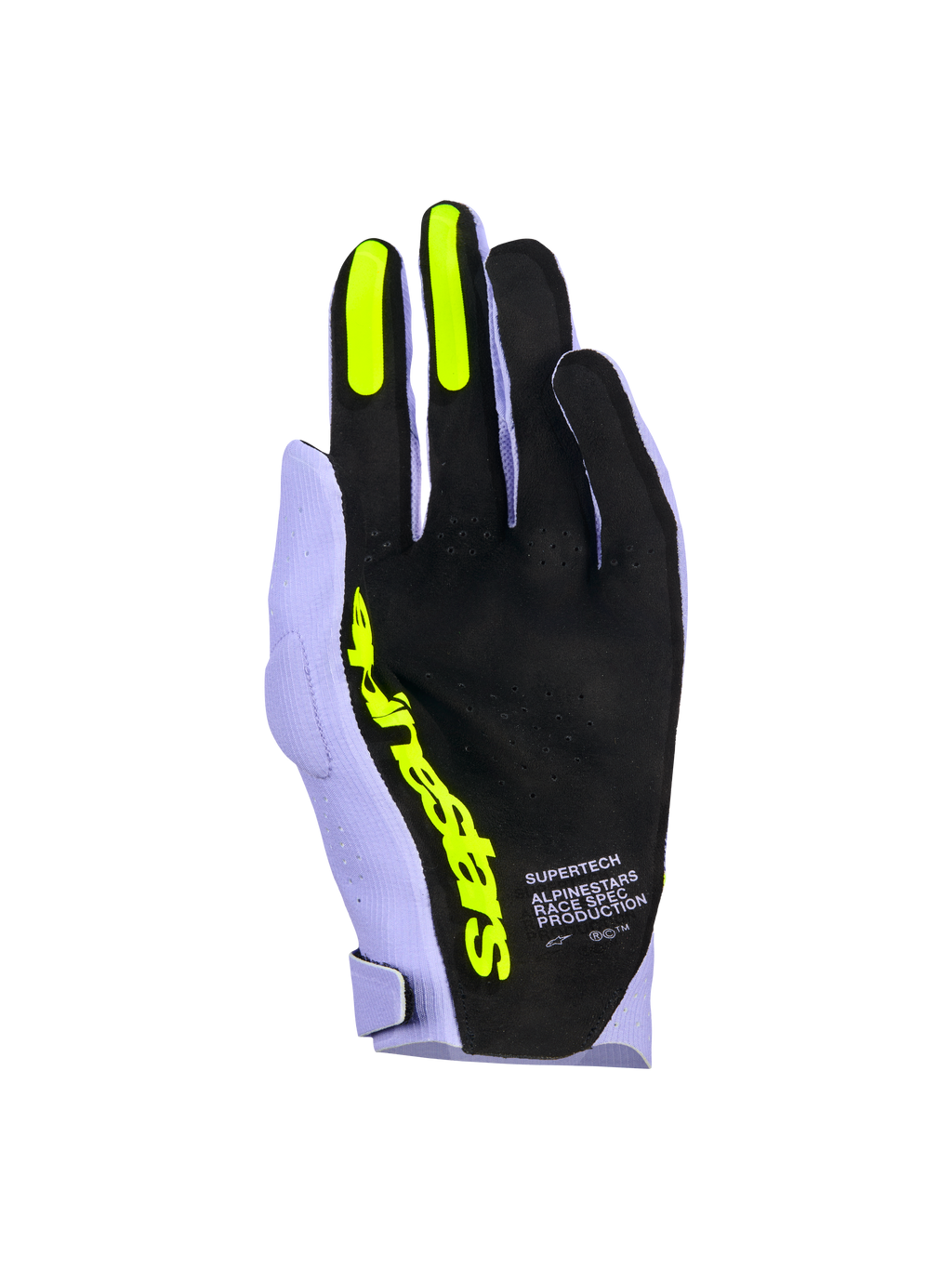 Guanti Alpinestars Supertech MX, guanti da motocross, viola lavanda e giallo fluo, vista del palmo con materiale nero traforato, inserti grip in silicone giallo fluo su indice e medio, logo Alpinestars giallo vivace e scritta 'Race Spec Production', equipaggiamento da gara off-road ad alte prestazioni