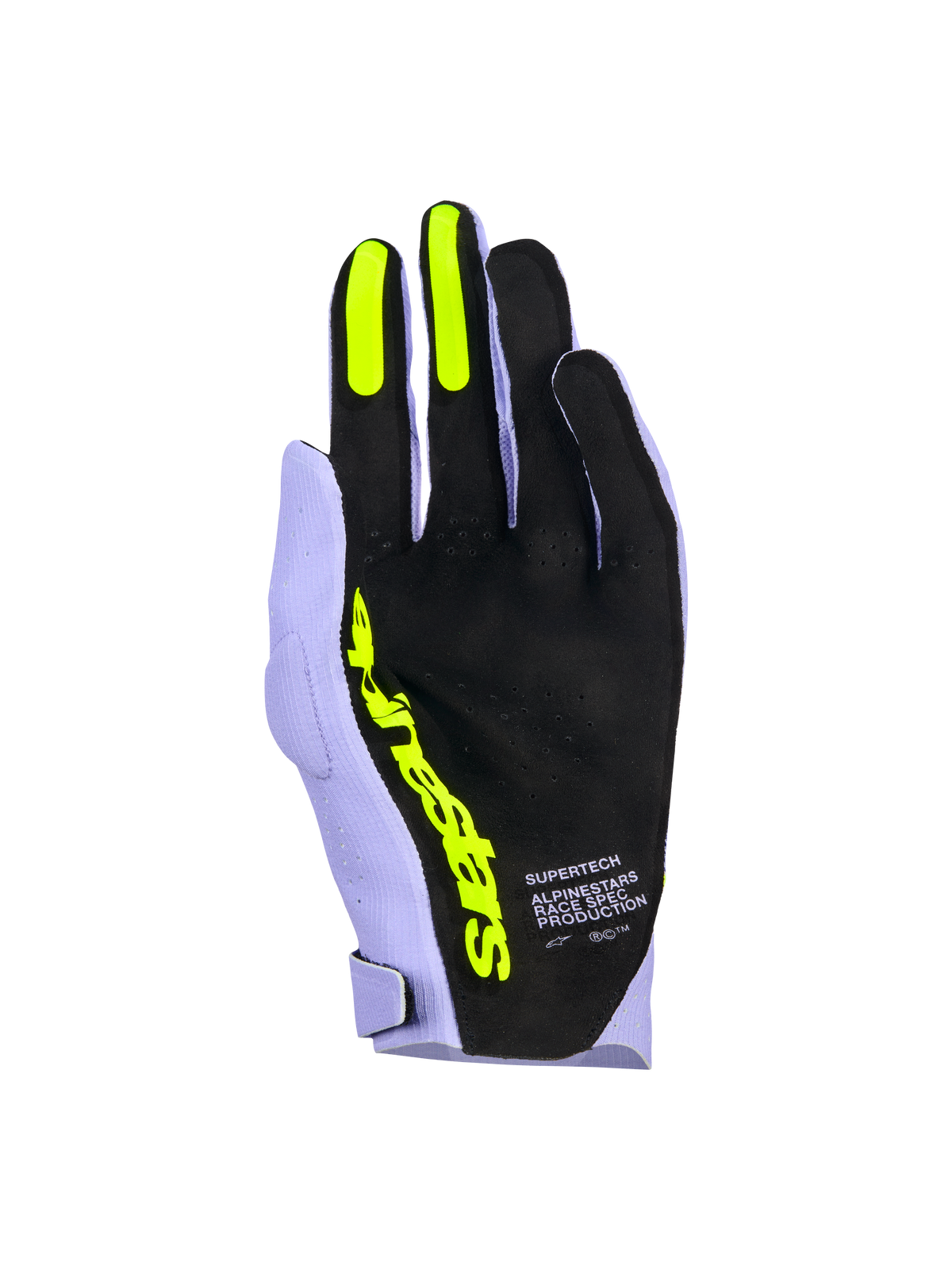 Guanti Alpinestars Supertech MX, guanti da motocross, viola lavanda e giallo fluo, vista del palmo con materiale nero traforato, inserti grip in silicone giallo fluo su indice e medio, logo Alpinestars giallo vivace e scritta 'Race Spec Production', equipaggiamento da gara off-road ad alte prestazioni