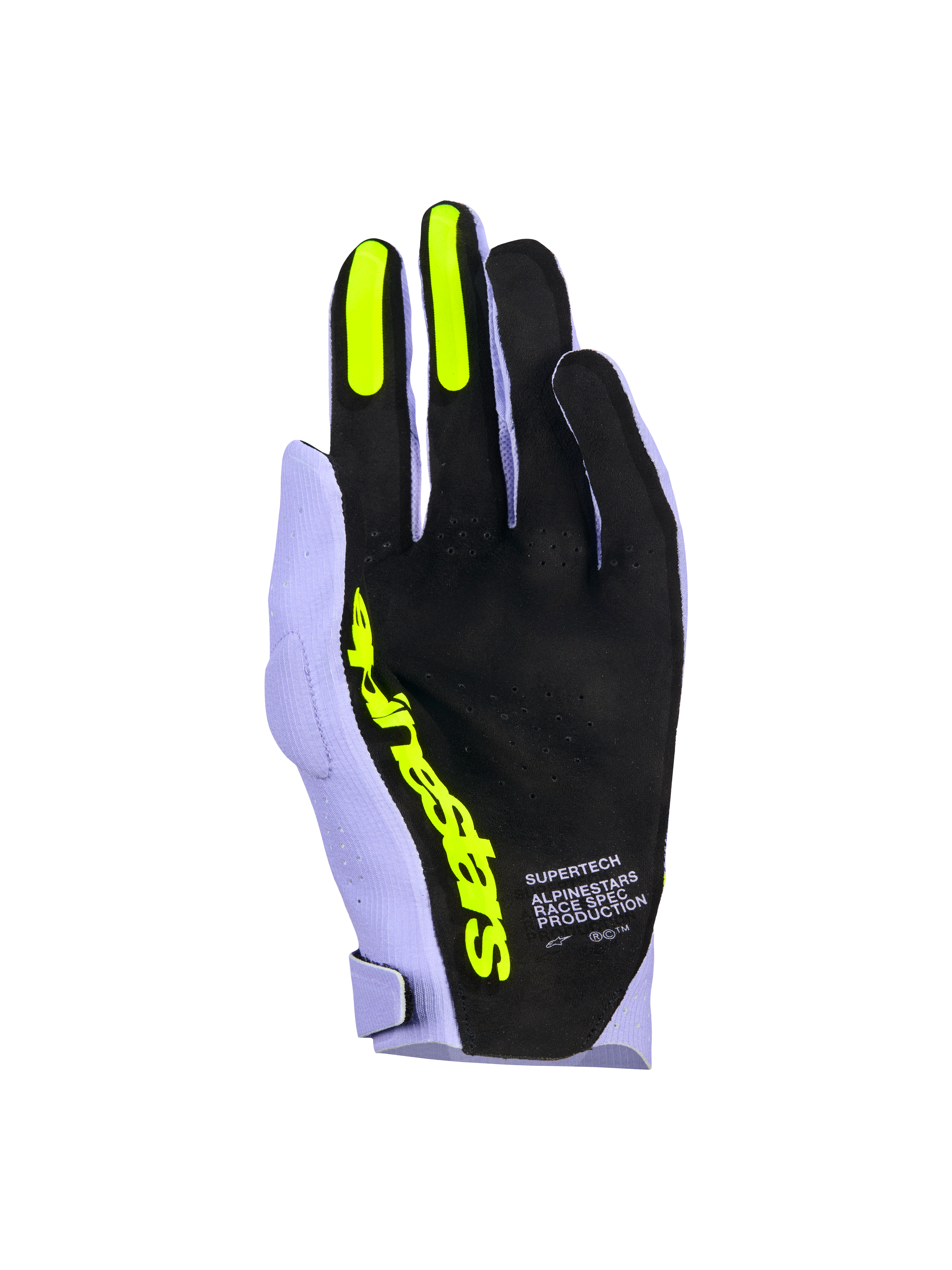 Guanti Alpinestars Supertech MX, guanti da motocross, viola lavanda e giallo fluo, vista del palmo con materiale nero traforato, inserti grip in silicone giallo fluo su indice e medio, logo Alpinestars giallo vivace e scritta 'Race Spec Production', equipaggiamento da gara off-road ad alte prestazioni