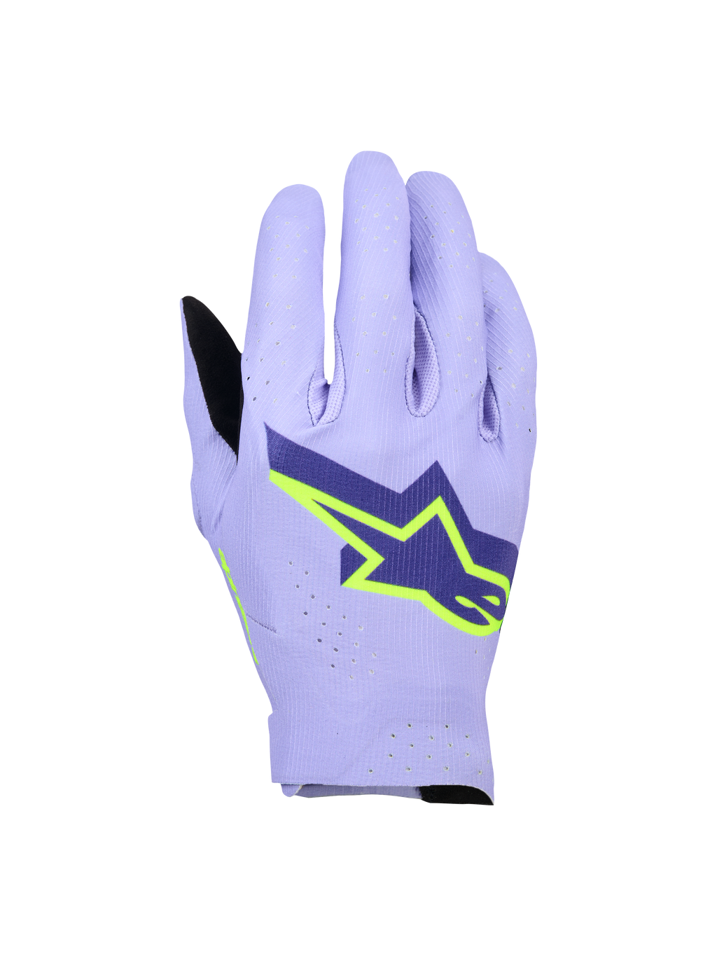 Alpinestars Supertech MX Gloves, guanti da motocross racing, viola lavanda e giallo fluo, con un grande logo a stella blu navy e giallo neon, dorso traforato al laser per la traspirabilità, design leggero monostrato elasticizzato per corse off-road.