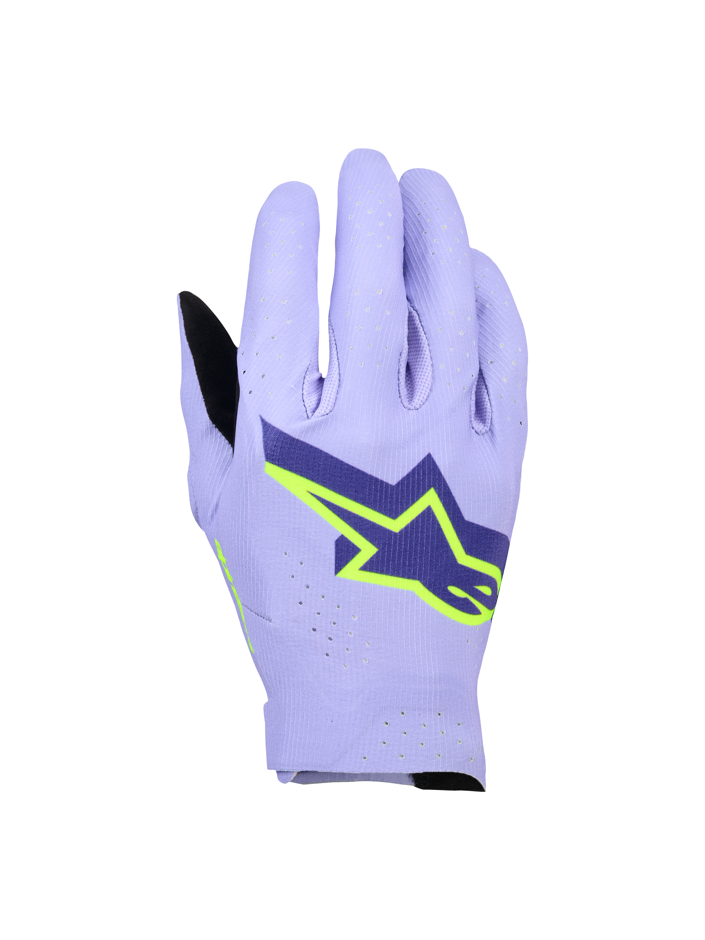 Alpinestars Supertech MX Gloves, guanti da motocross racing, viola lavanda e giallo fluo, con un grande logo a stella blu navy e giallo neon, dorso traforato al laser per la traspirabilità, design leggero monostrato elasticizzato per corse off-road.