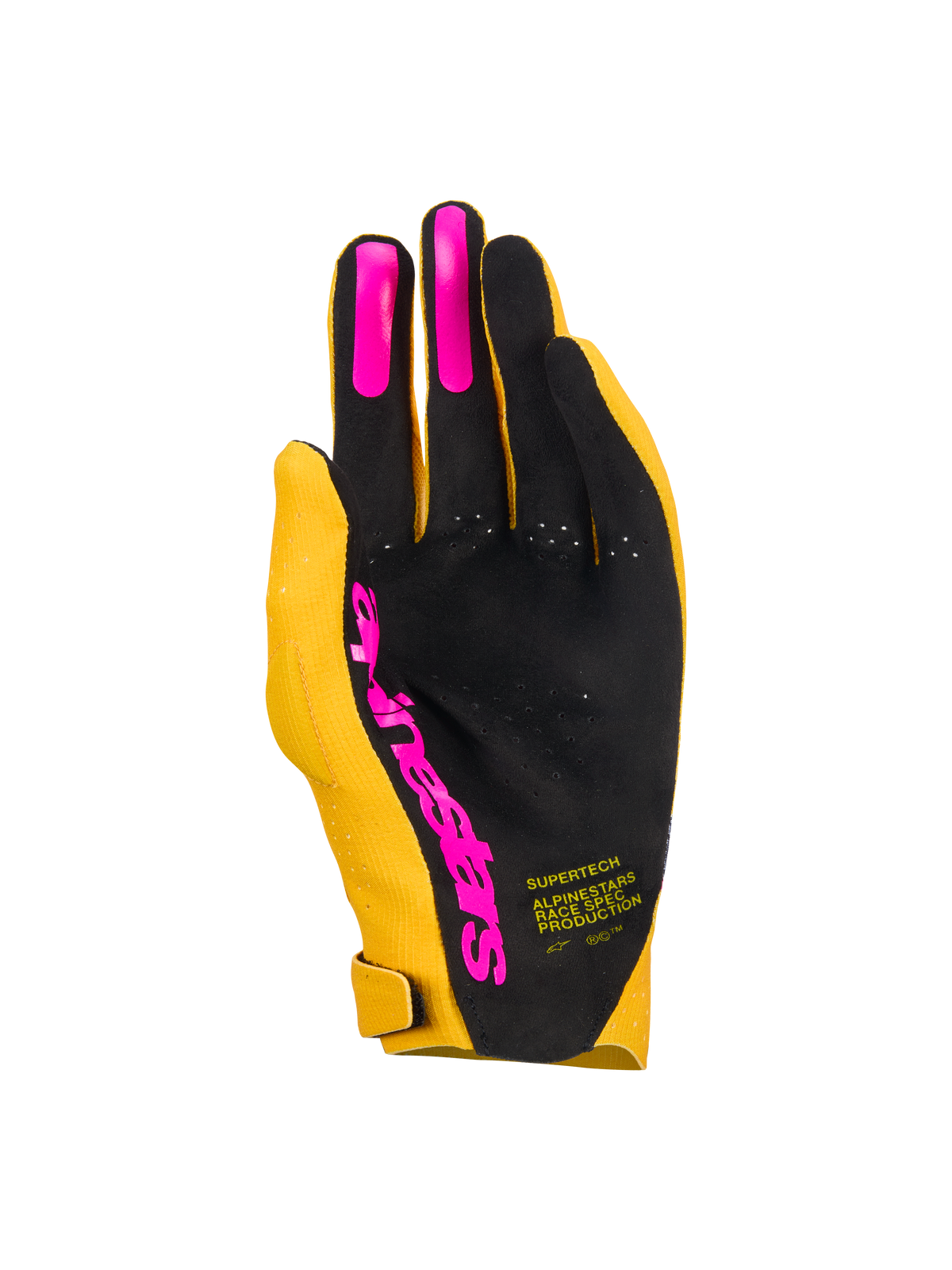 Guanti Alpinestars Supertech MX, guanti da motocross, oro, nero e rosa fluo, vista del palmo con palmo traforato monostrato, inserti in silicone rosa sulle dita e logo Alpinestars, attrezzatura da gara leggera