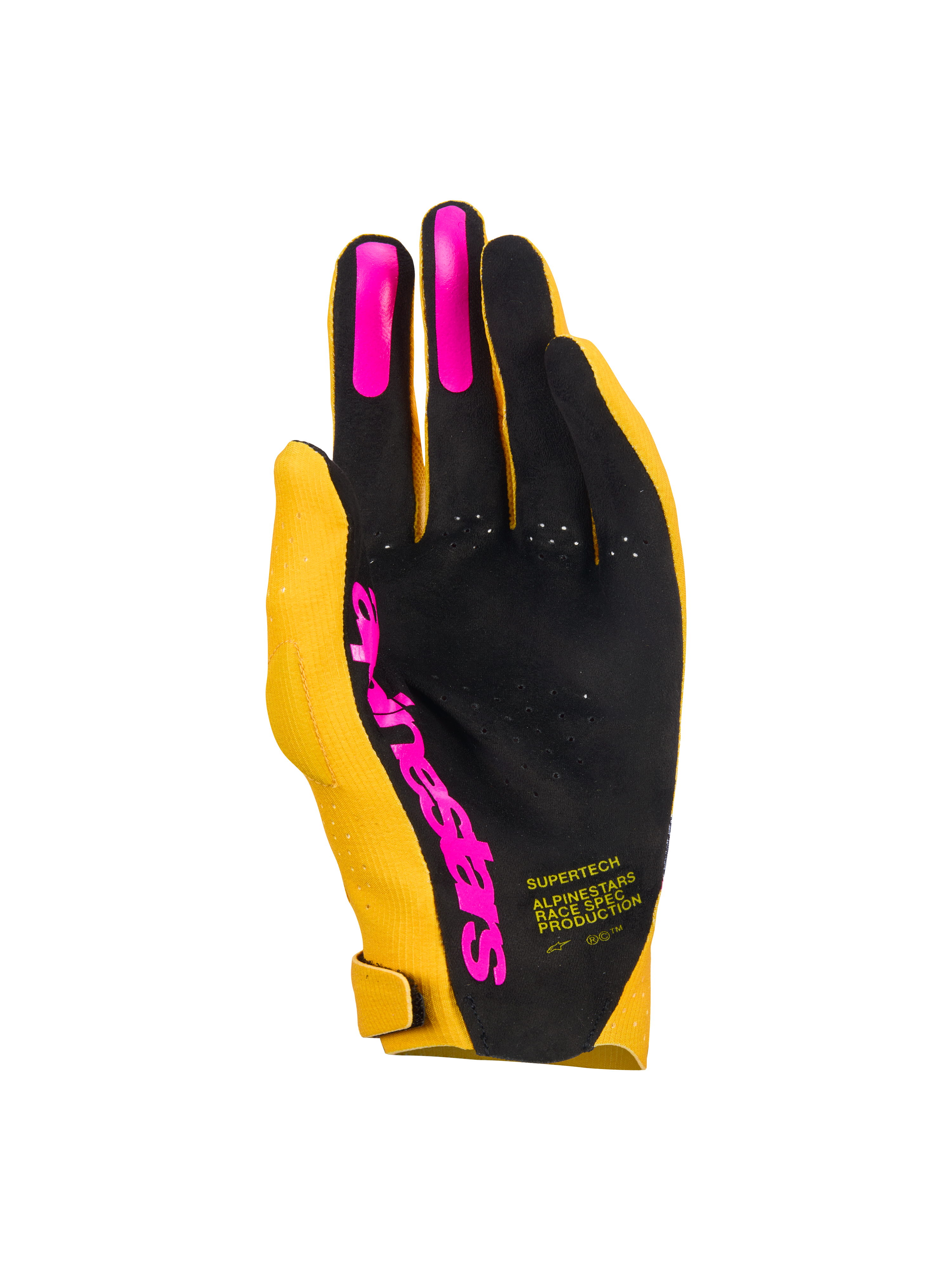 Guanti Alpinestars Supertech MX, guanti da motocross, oro, nero e rosa fluo, vista del palmo con palmo traforato monostrato, inserti in silicone rosa sulle dita e logo Alpinestars, attrezzatura da gara leggera