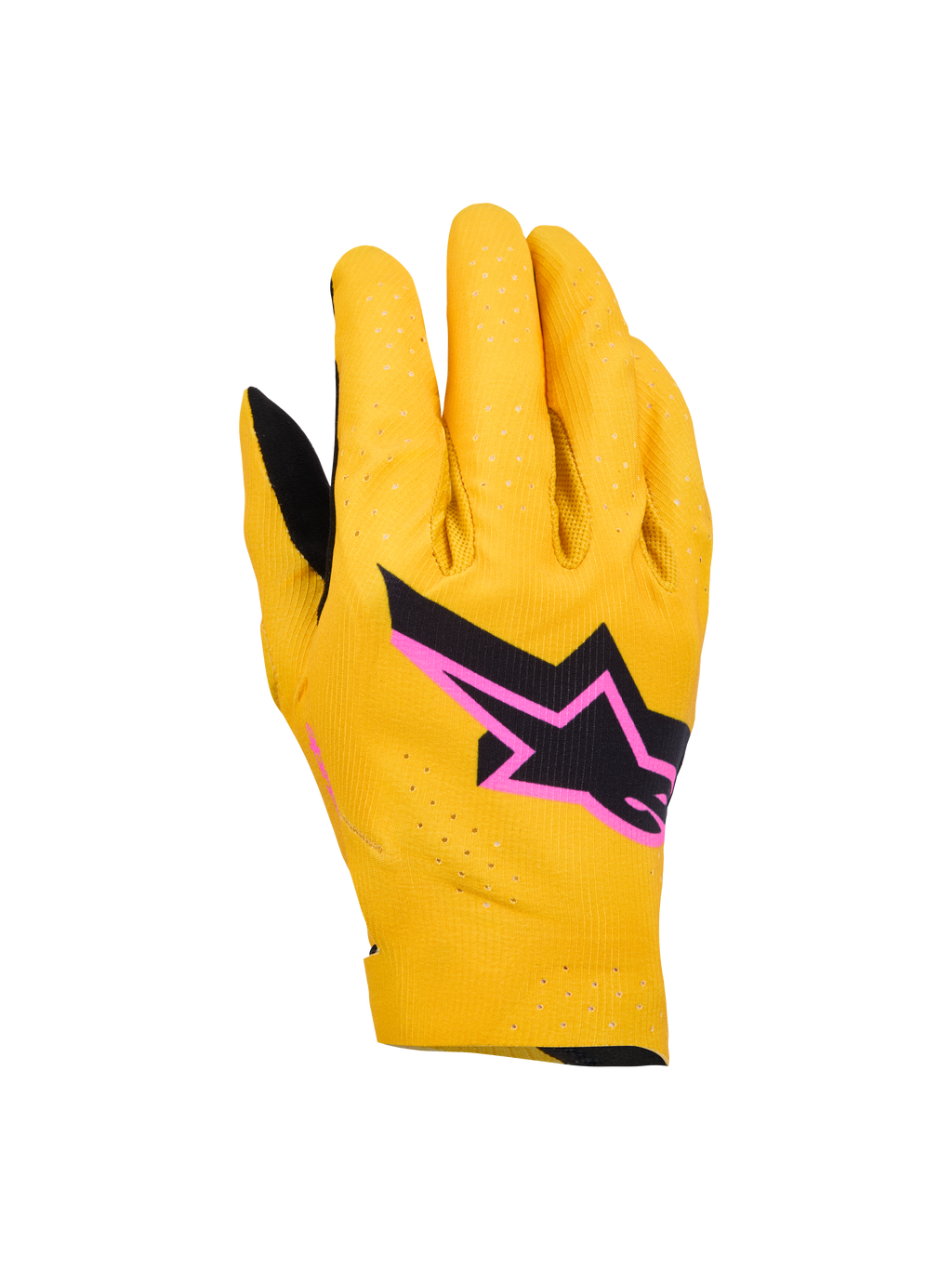Alpinestars Supertech MX Gloves, guanti da motocross, oro, nero e rosa fluo, con costruzione monostrato elasticizzata e perforazioni laser, logo a stella nero con bordo rosa, design traspirante e flessibile per il fuoristrada