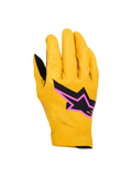 Alpinestars Supertech MX Gloves, guanti da motocross, oro, nero e rosa fluo, con costruzione monostrato elasticizzata e perforazioni laser, logo a stella nero con bordo rosa, design traspirante e flessibile per il fuoristrada