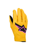 Alpinestars Supertech MX Gloves, guanti da motocross, oro, nero e rosa fluo, con costruzione monostrato elasticizzata e perforazioni laser, logo a stella nero con bordo rosa, design traspirante e flessibile per il fuoristrada