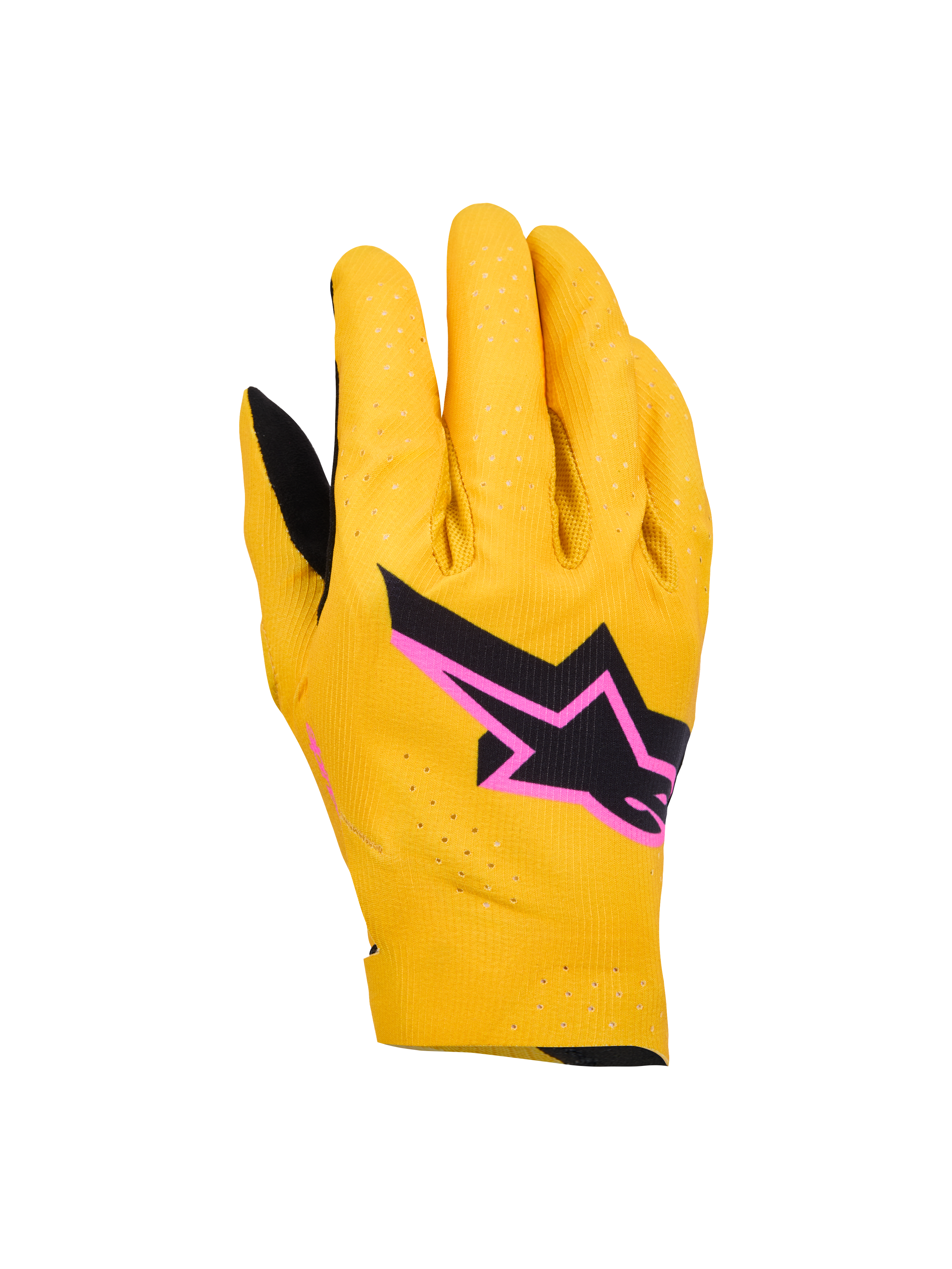 Alpinestars Supertech MX Gloves, guanti da motocross, oro, nero e rosa fluo, con costruzione monostrato elasticizzata e perforazioni laser, logo a stella nero con bordo rosa, design traspirante e flessibile per il fuoristrada
