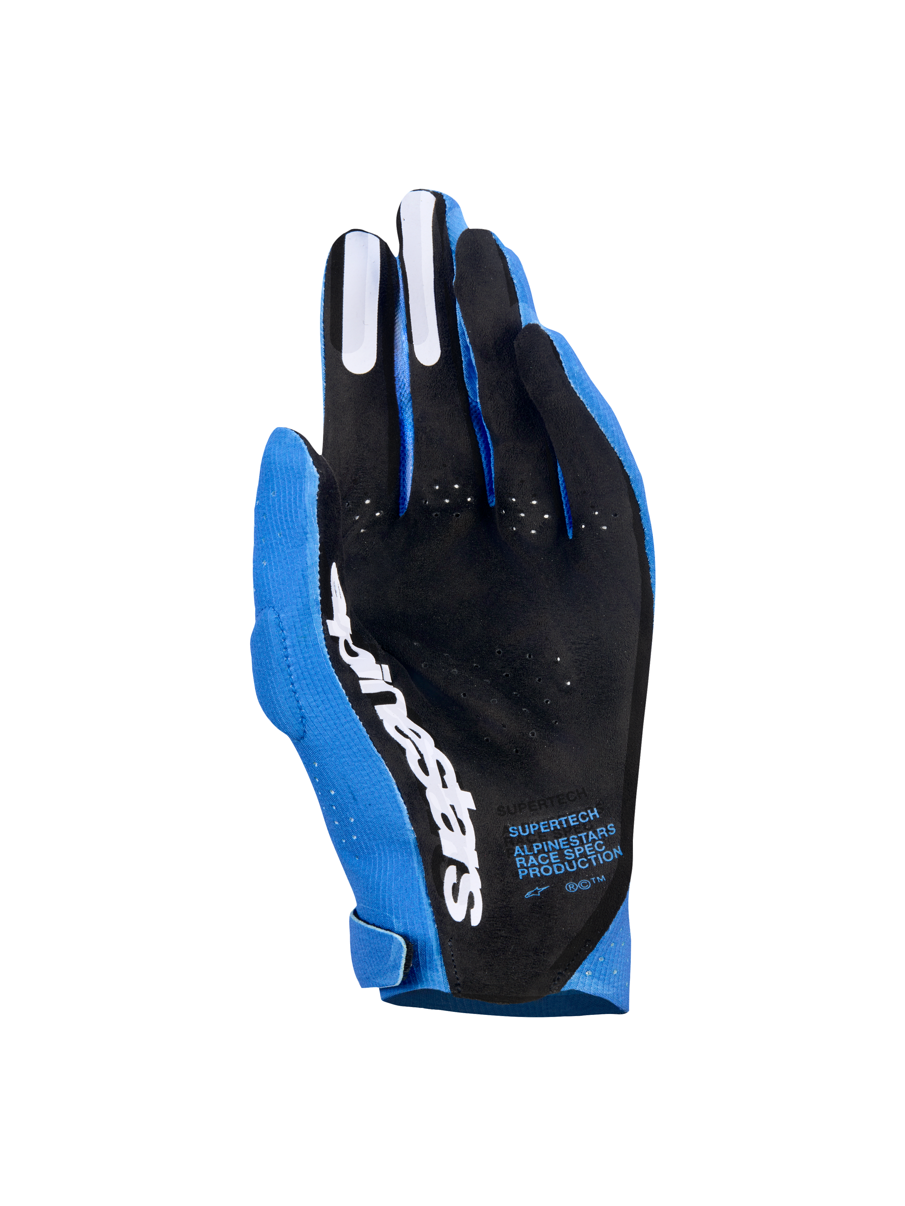 Guanti Alpinestars Supertech MX, guanti da motocross, blu Ucla e blu scuro con accenti bianchi, vista del palmo con materiale traforato nero, logo Alpinestars bianco, inserti grip in silicone sulle dita e testo tecnico, attrezzatura professionale per corse fuoristrada