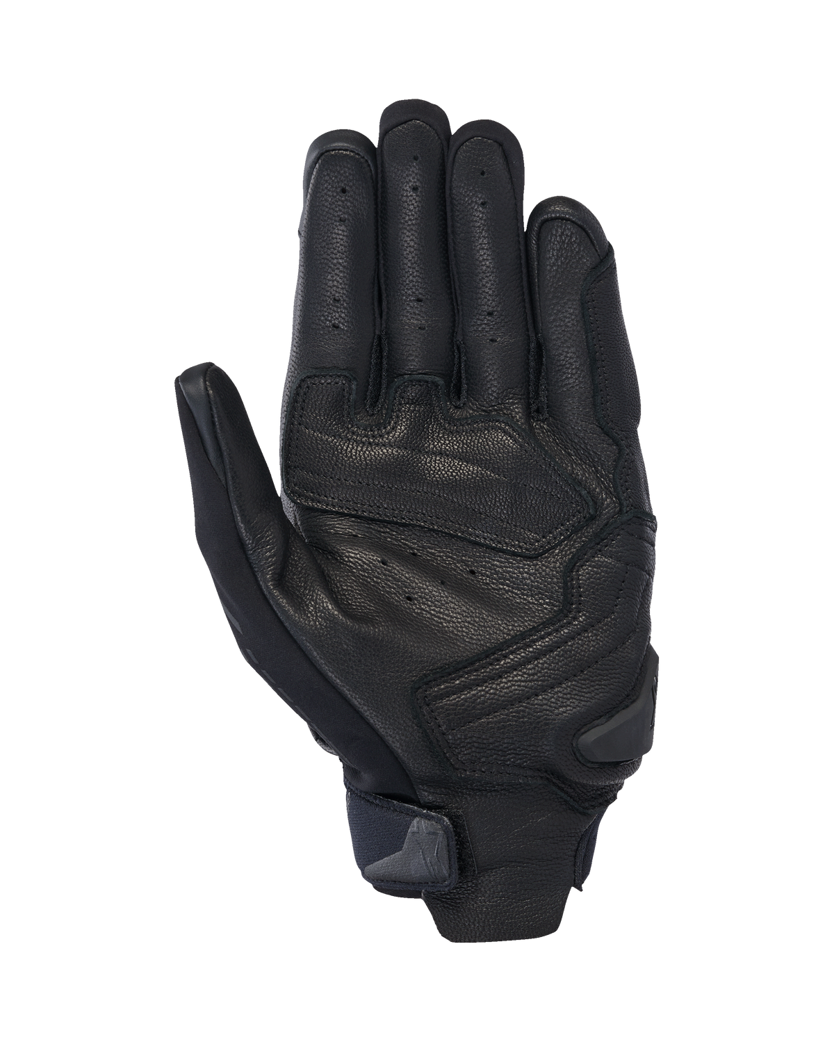 Guanti Alpinestars SP X 7, guanti da moto corti, nero, vista del palmo con pelle perforata per la ventilazione, rinforzi sul palmo con slider e cinturino compatto sul polso con linguetta integrata
