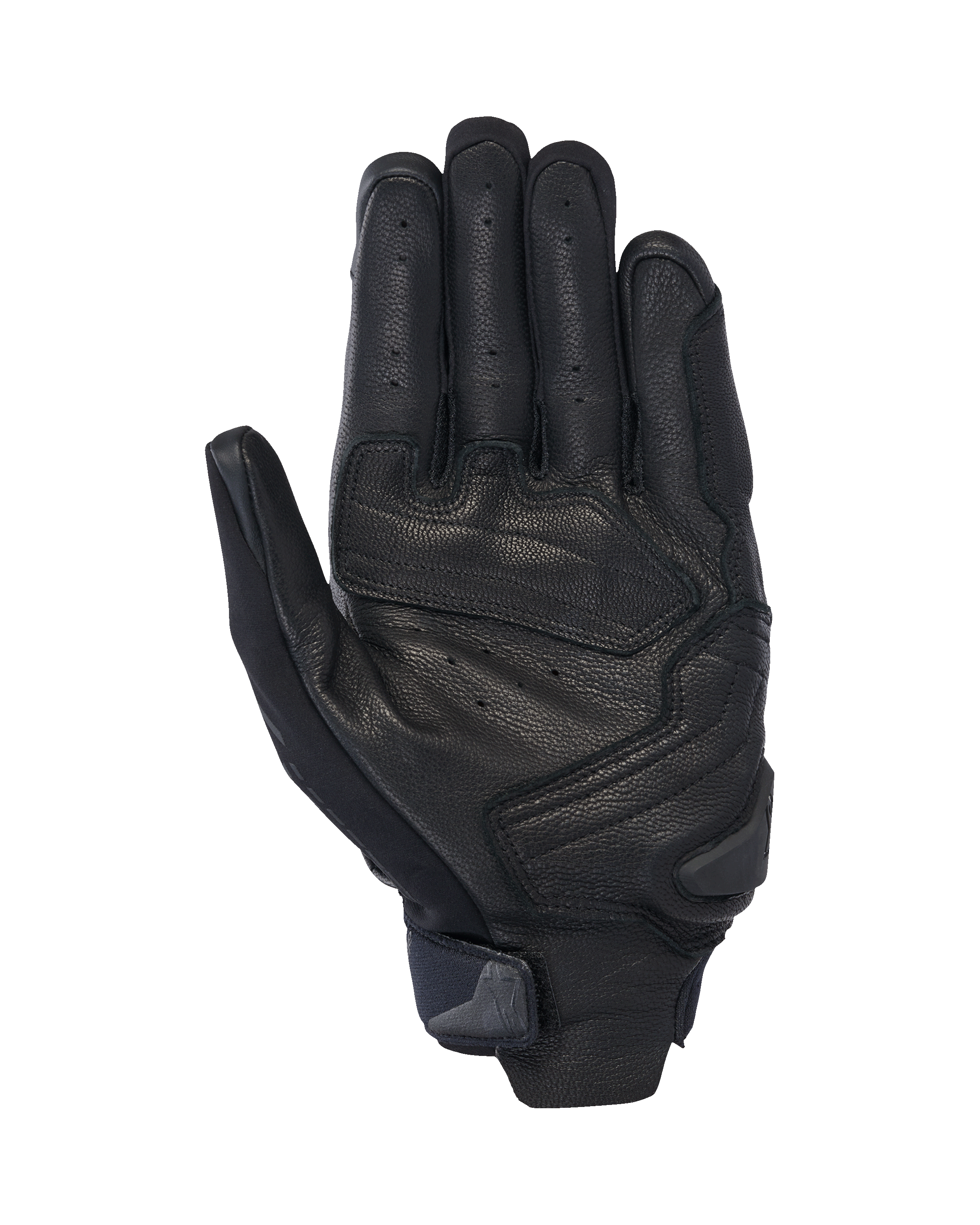 Guanti Alpinestars SP X 7, guanti da moto corti, nero, vista del palmo con pelle perforata per la ventilazione, rinforzi sul palmo con slider e cinturino compatto sul polso con linguetta integrata