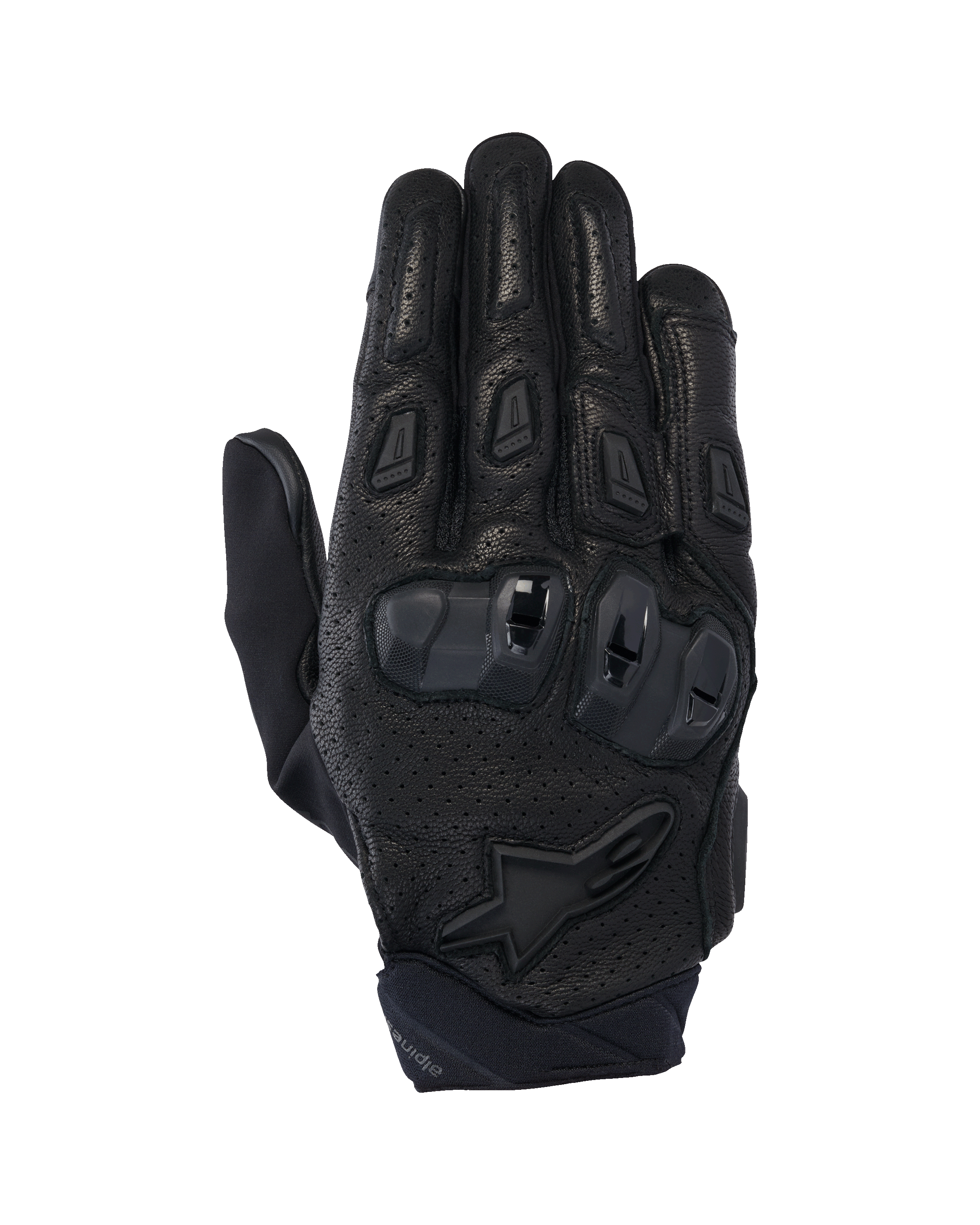 Alpinestars SP X 7 Gloves, guanti da moto stradali a polsino corto, colore nero, pelle traforata per la ventilazione, protezione nocche in TPU a doppia densità, logo Alpinestars sul polso e slider ergonomici sulle dita