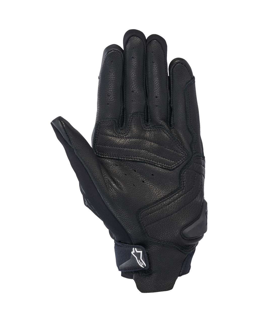 Guanti Alpinestars SP X 7, vista del palmo, nero, guanti sportivi da moto a polsino corto caratterizzati da una struttura in pelle traforata, rinforzi sul palmo e uno slider in TPR con logo Astars bianco sul cinturino del polso