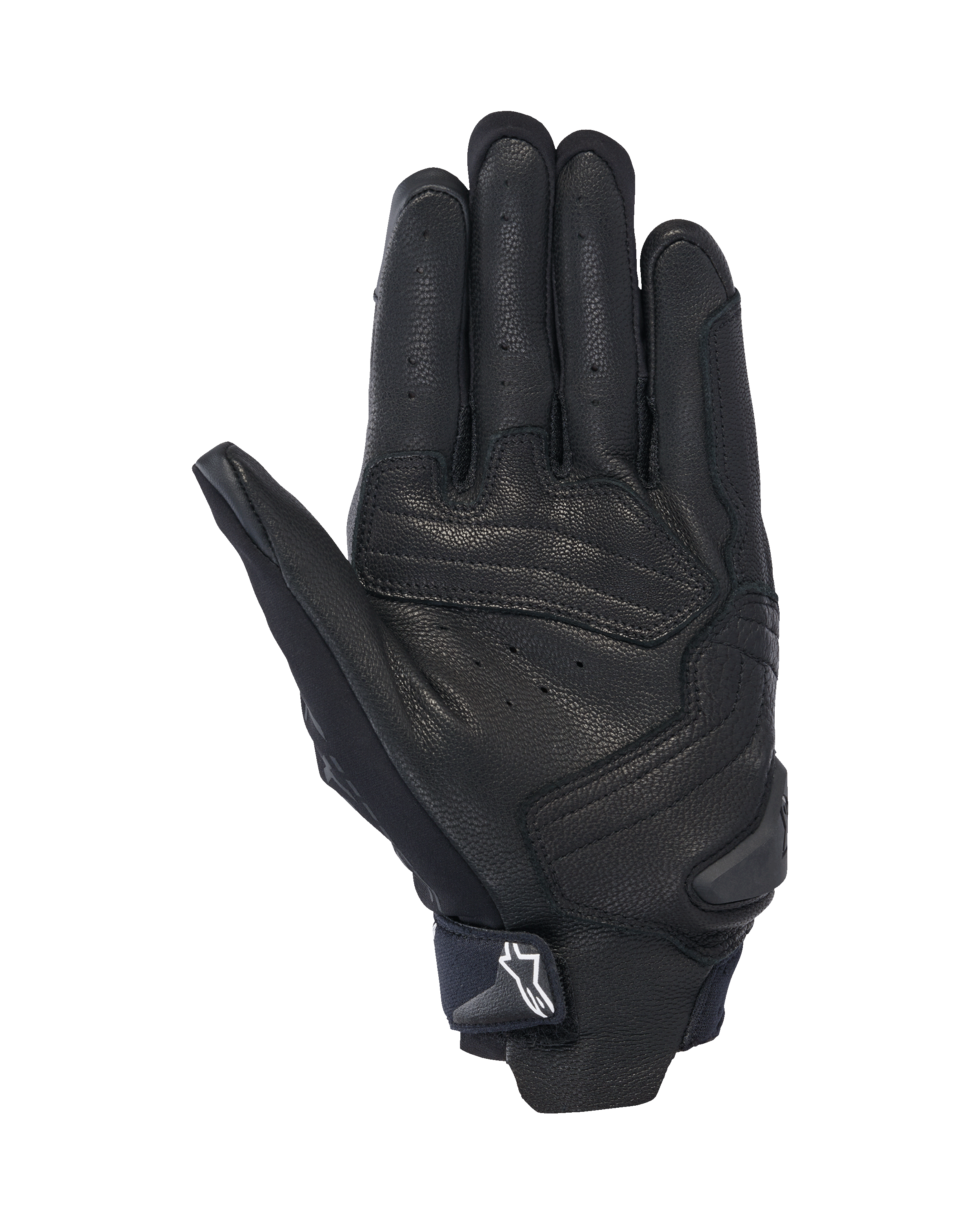 Guanti Alpinestars SP X 7, vista del palmo, nero, guanti sportivi da moto a polsino corto caratterizzati da una struttura in pelle traforata, rinforzi sul palmo e uno slider in TPR con logo Astars bianco sul cinturino del polso