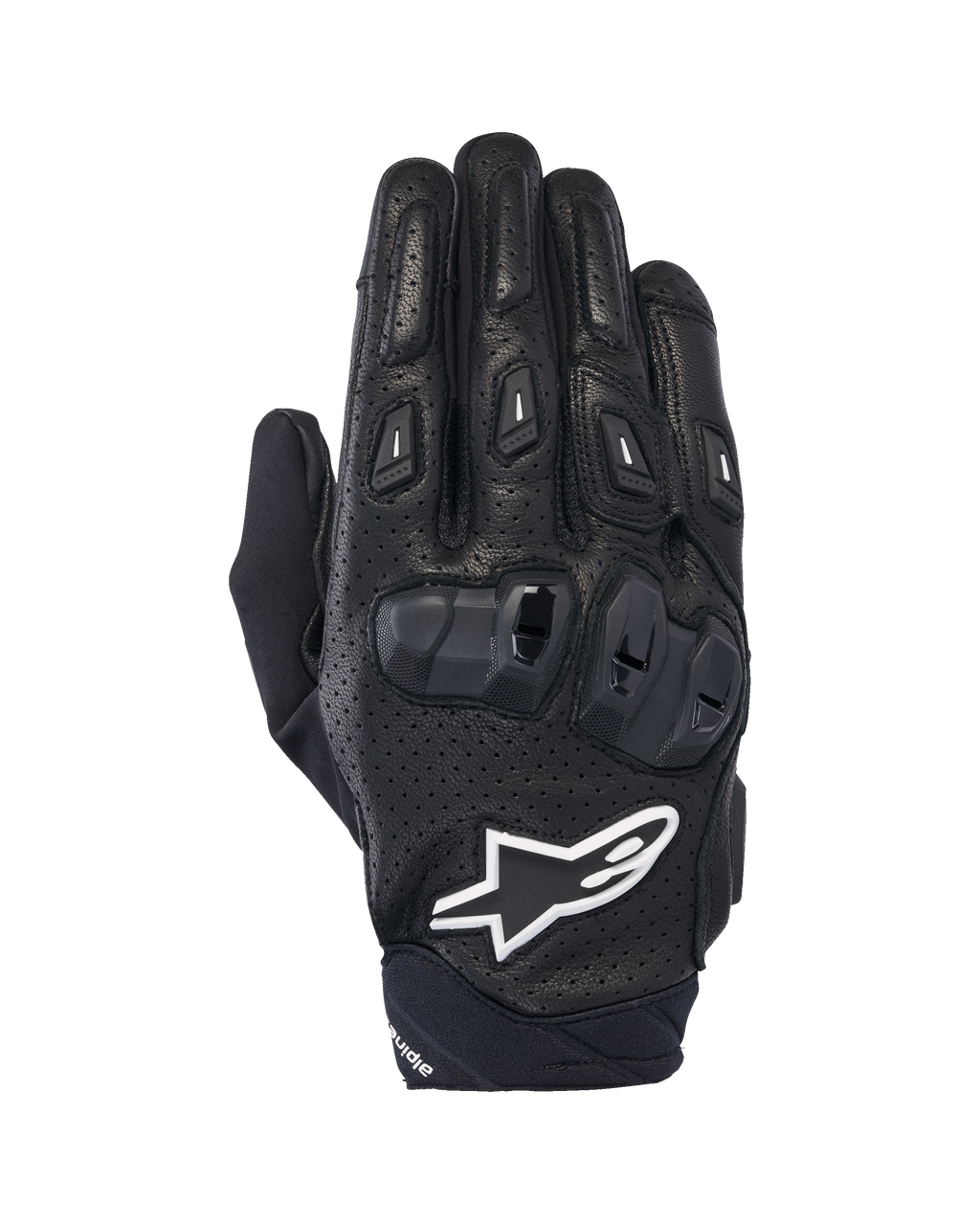 Alpinestars SP X 7, guanti da moto sportivi corti, nero e bianco, con costruzione in pelle traforata, protezione nocche in TPU a doppia densità e logo a stella Alpinestars bianco, progettati per la guida sportiva su strada