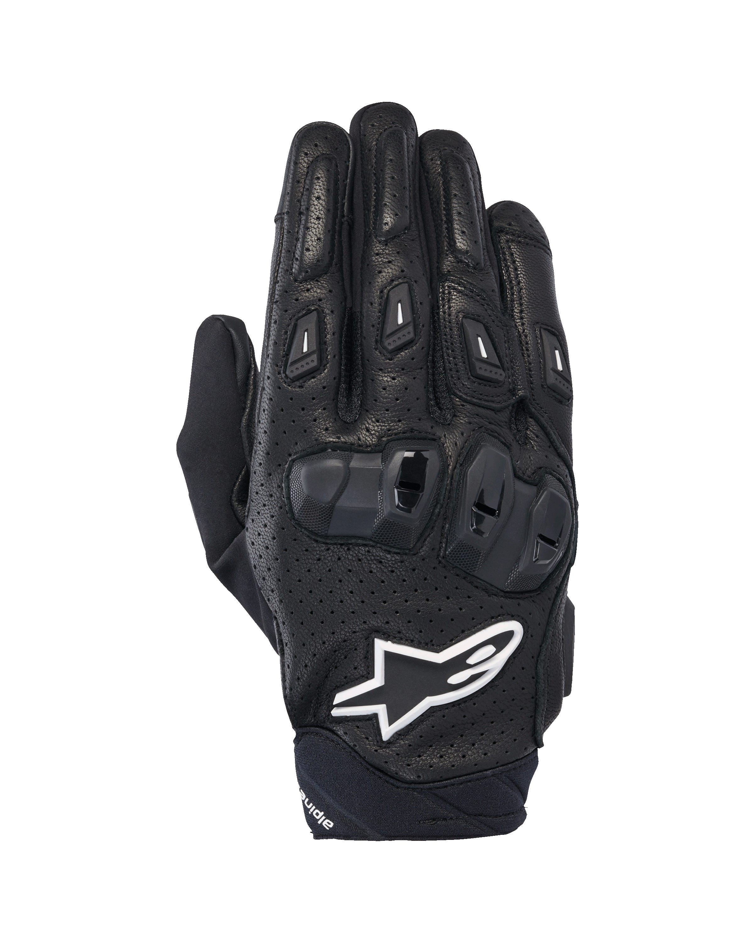 Alpinestars SP X 7, guanti da moto sportivi corti, nero e bianco, con costruzione in pelle traforata, protezione nocche in TPU a doppia densità e logo a stella Alpinestars bianco, progettati per la guida sportiva su strada