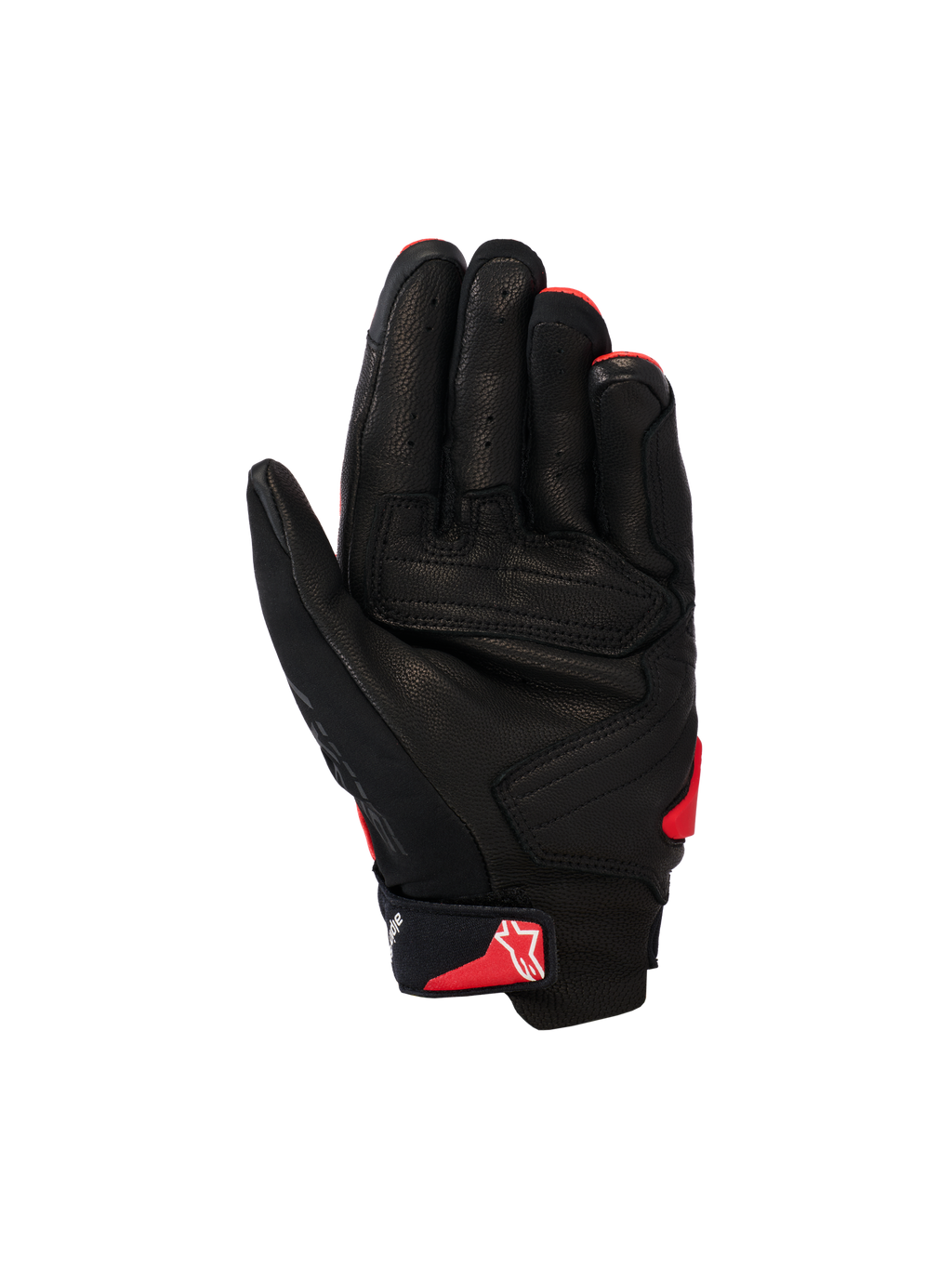 Alpinestars guanti SP X 7, guanti da moto a polsino corto, nero e rosso brillante, vista del palmo con costruzione in pelle traforata, pannelli del palmo rinforzati e logo Astars rosso sul cinturino
