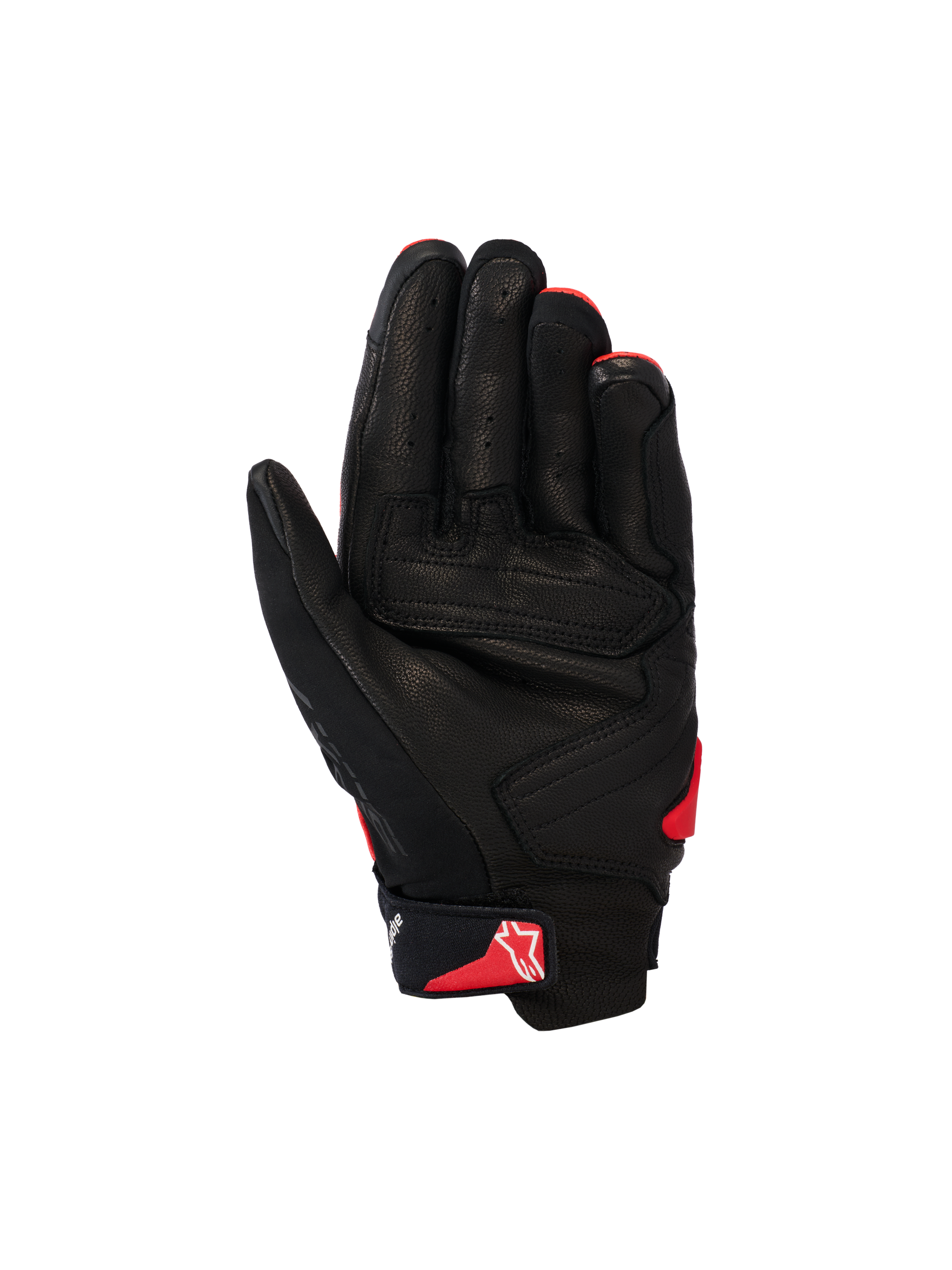 Alpinestars guanti SP X 7, guanti da moto a polsino corto, nero e rosso brillante, vista del palmo con costruzione in pelle traforata, pannelli del palmo rinforzati e logo Astars rosso sul cinturino