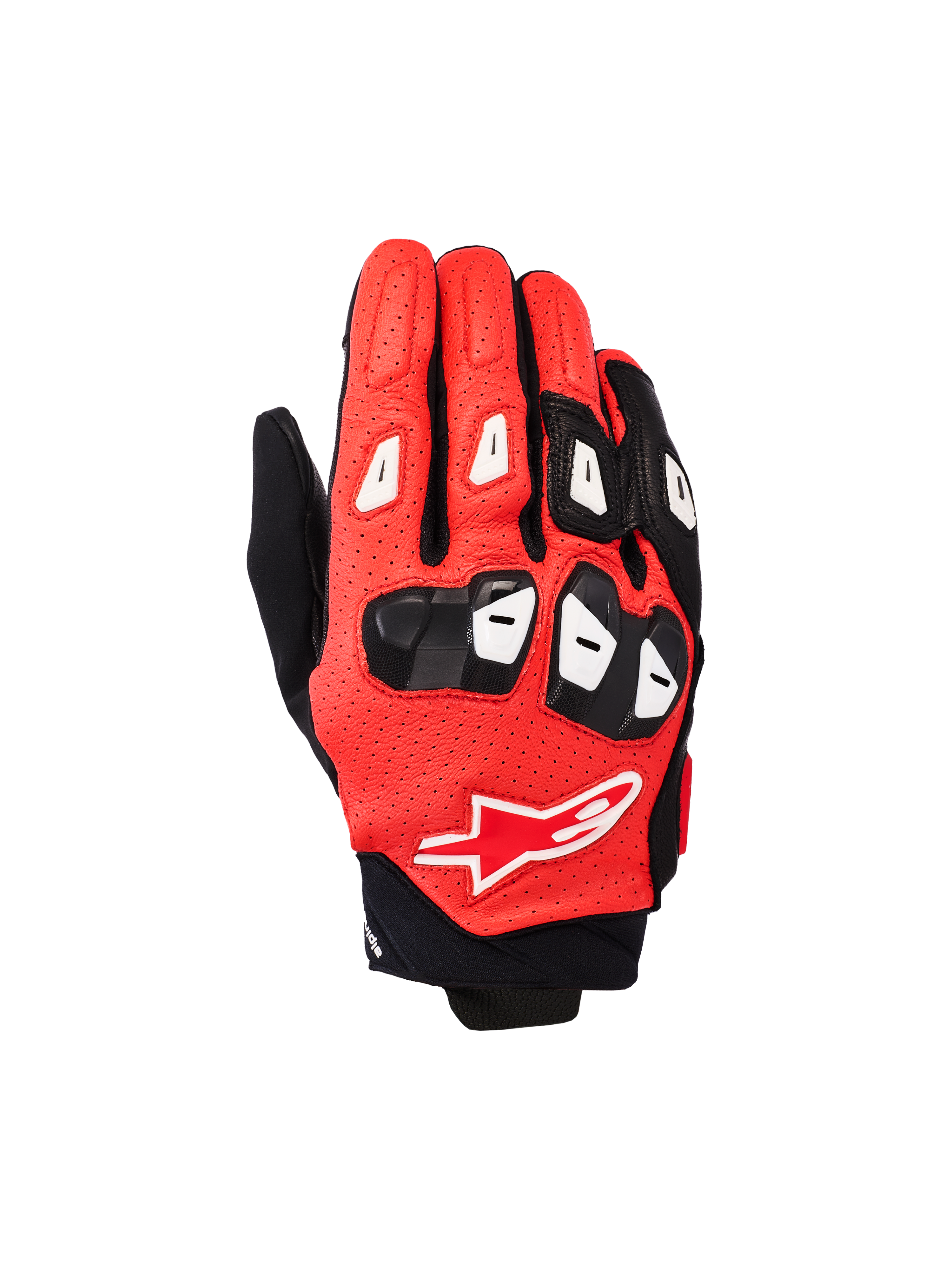 Alpinestars SP X 7 Gloves, guanti da moto racing a polsino corto, nero, rosso brillante e bianco, con struttura in pelle traforata, protezioni per nocche e dita in TPU e logo Alpinestars sul dorso della mano