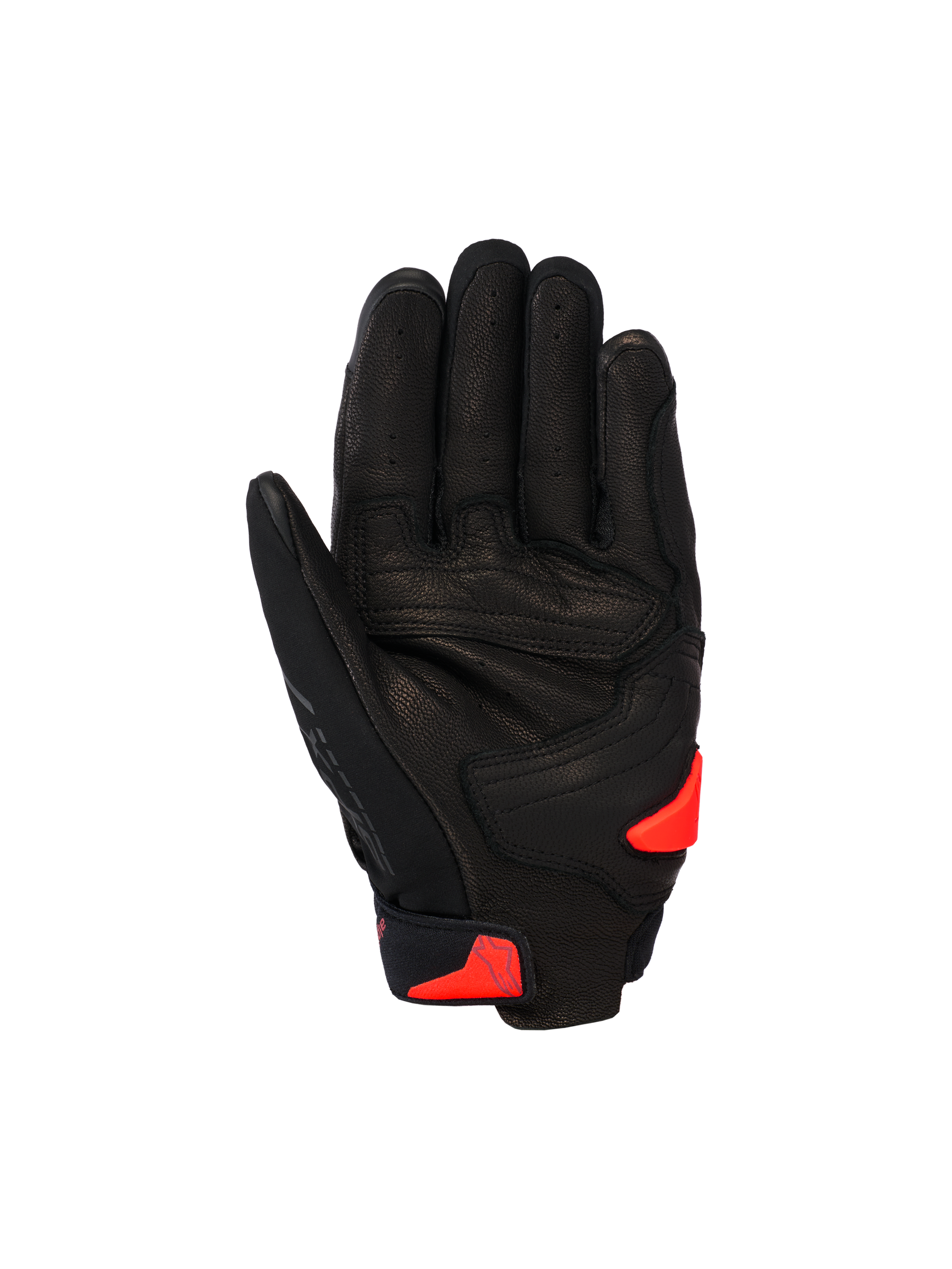 Alpinestars SP X 7 Gloves, guanti da moto sportivi corti, nero con accenti rosso fluo, vista del palmo con costruzione in pelle traforata, rinforzo sul palmo e slider in TPR